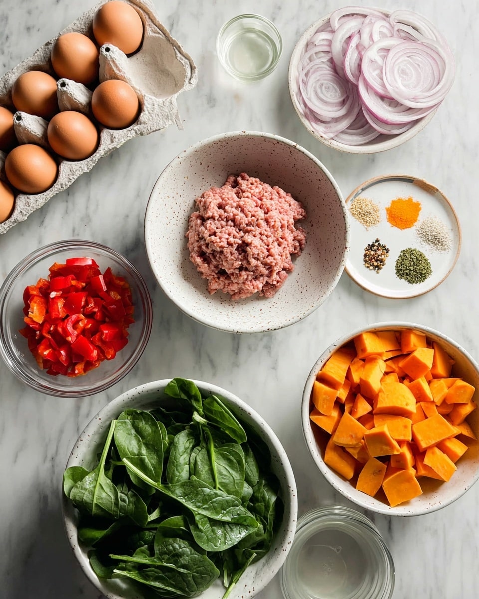 The image shows several white bowls and a carton of brown eggs on a white marbled surface. In the center, a white speckled bowl holds a pinkish ground meat. To the right, a bowl contains thinly sliced light purple onions, and next to it, another bowl is filled with orange cubed sweet potatoes. On the bottom left, a white speckled bowl holds fresh green spinach leaves. Above the spinach, a smaller bowl contains finely diced red bell peppers. Near the top, a small white plate displays various spices arranged in a circle with colors including green, white, light brown, and orange. Nearby, there is a small clear glass bowl with a colorless liquid. A carton with six brown eggs is on the left side of the frame, with two eggs placed outside the carton on the marbled surface. photo taken with an iphone --ar 4:5 --v 7