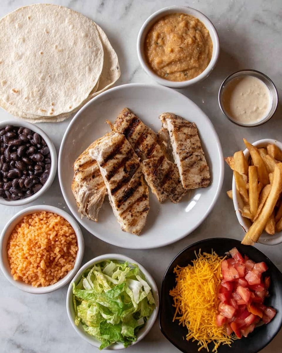 The image shows a white plate in the center with two grilled pieces of light brown meat that have charred grill marks. Around the plate, there are small white bowls containing different foods: one with black beans, one with orange rice, one with light tan sauce, and one with light golden-brown fries. To the top right, there is a small metal cup with a thick white sauce. On the right side, a black plate holds three colorful piles: shredded bright orange cheese, small chunks of red tomatoes, and green shredded lettuce. A white tortilla is folded and placed on the top left side over a white marbled surface photo taken with an iphone --ar 4:5 --v 7