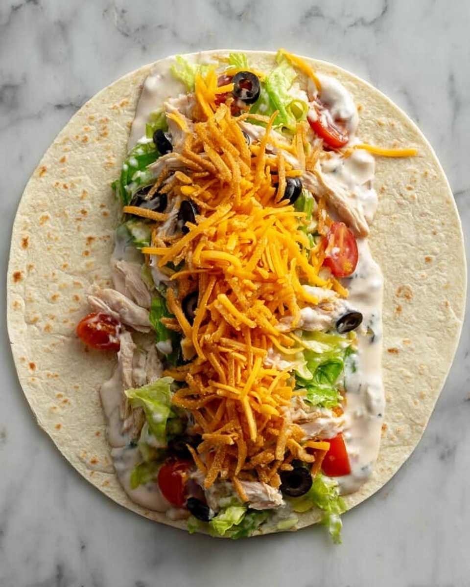 A large round tortilla lays flat on a white marbled surface, topped with layers of ingredients arranged lengthwise in the center. The bottom layer is creamy sauce with specks of seasoning, partially spreading beyond the edges. On top of the sauce, there are thin slices of pale cooked chicken, followed by chopped green lettuce mixed with small red tomato pieces and some black olive slices. Above this, there is a sprinkling of golden brown crunchy strips, and the top layer is a generous pile of shredded bright orange cheddar cheese. The edges of the tortilla are plain and the layers are all visible from above. photo taken with an iphone --ar 4:5 --v 7
