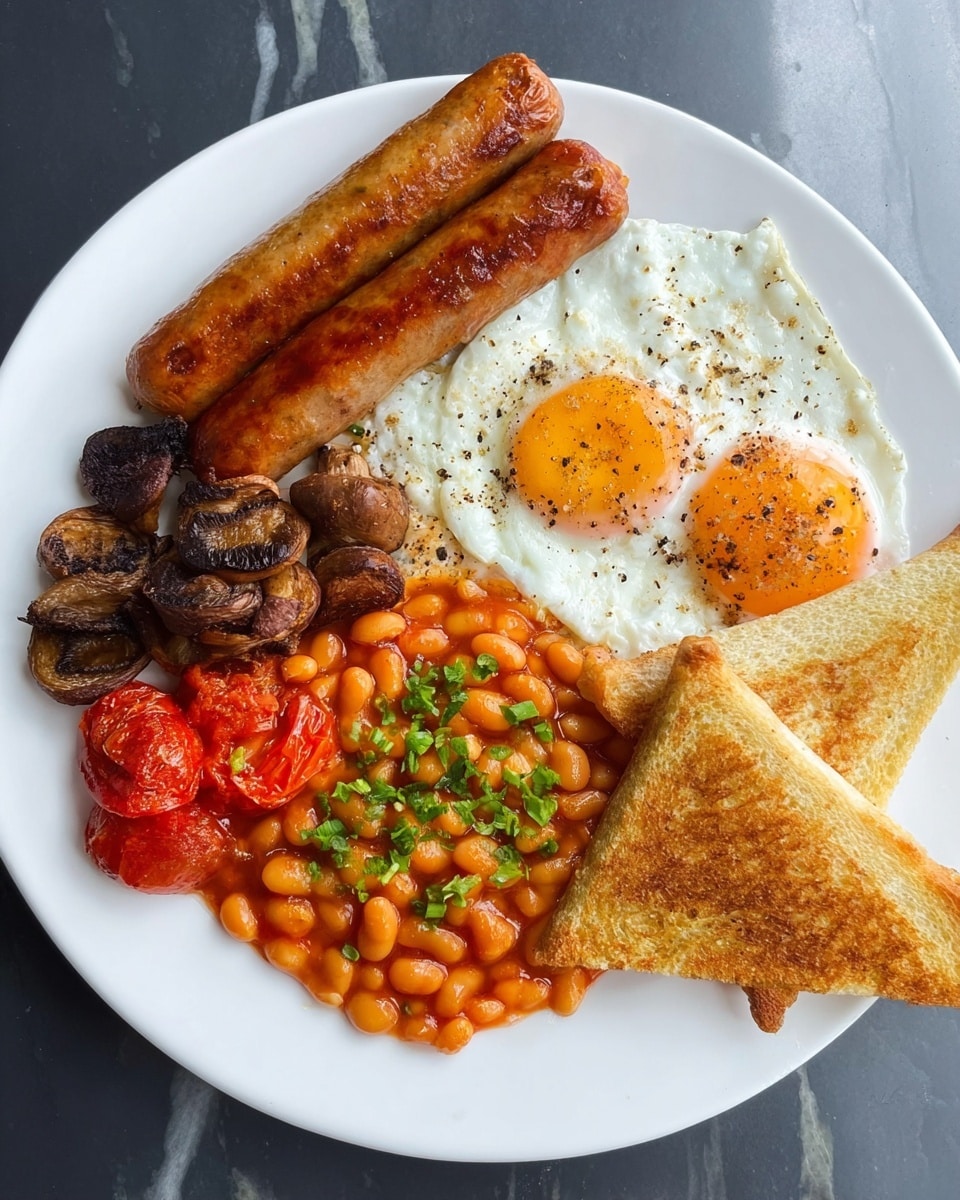 Hearty Full English Breakfast with Sausages, Eggs, and Toast Recipe