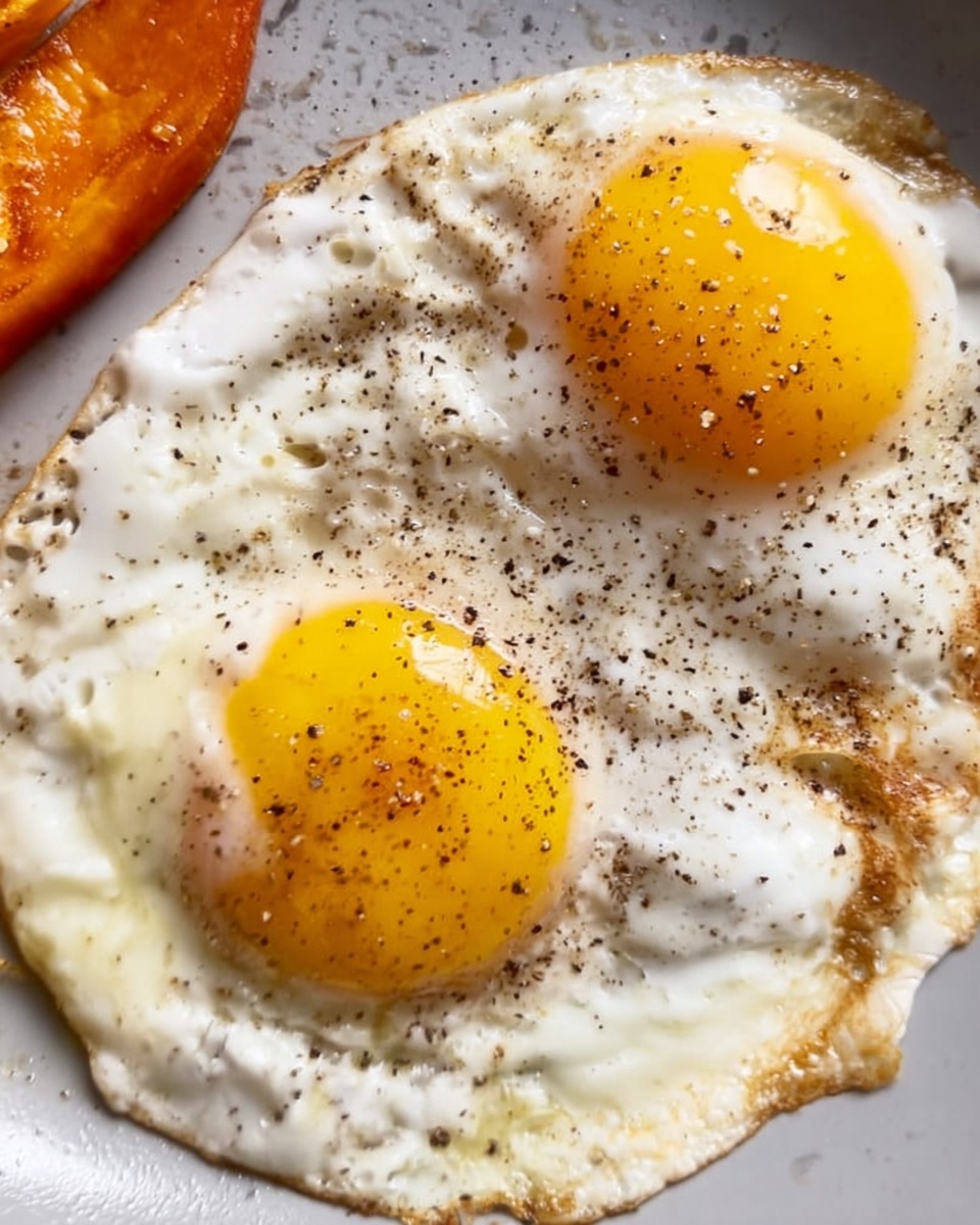 A close-up view of two sunny-side-up eggs cooking in a pan, each with a bright yellow yolk surrounded by white, slightly crispy edges. The eggs are lightly sprinkled with coarse black pepper, giving a textured look to the smooth yolks and whites. The pan shows some browned spots around the egg edges, adding a rustic touch. On the top left corner, part of a roasted orange sweet potato slice is visible, adding warm color contrast. The background is a white marbled surface. photo taken with an iphone --ar 4:5 --v 7