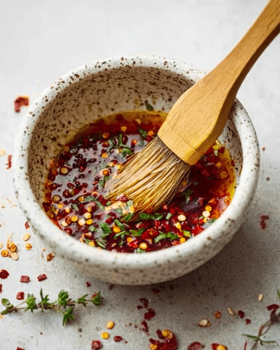 A small white speckled bowl filled with a reddish-brown sauce mixed with red chili flakes and small green herbs. A wooden brush with light bristles is dipped into the sauce, resting inside the bowl. The bowl sits on a white marbled surface scattered with a few chili flakes and herbs. Photo taken with an iphone --ar 4:5 --v 7