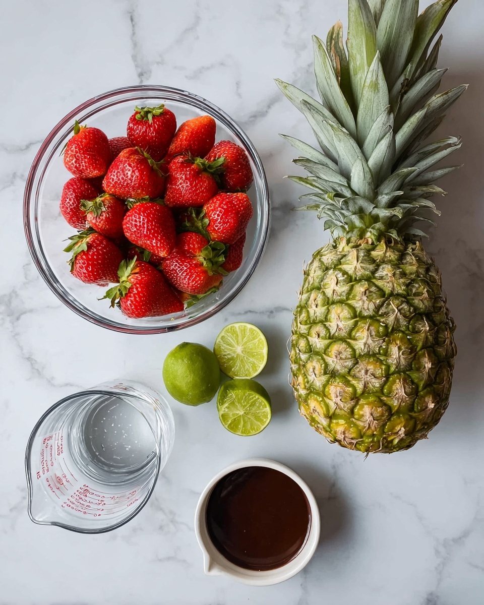 There are three clear tall glasses filled with an orange-pink juice layered with ice cubes at the top, showing a smooth texture. Each glass is decorated with a fresh red strawberry on the rim and a green leaf placed vertically inside the drink along with a small lime wedge near the top edge. The glasses sit on a white marbled surface, where pieces of lime and strawberry are scattered around, adding to the fresh look. Behind the glasses is a soft, light gray background that is out of focus. The photo taken with an iphone --ar 4:5 --v 7