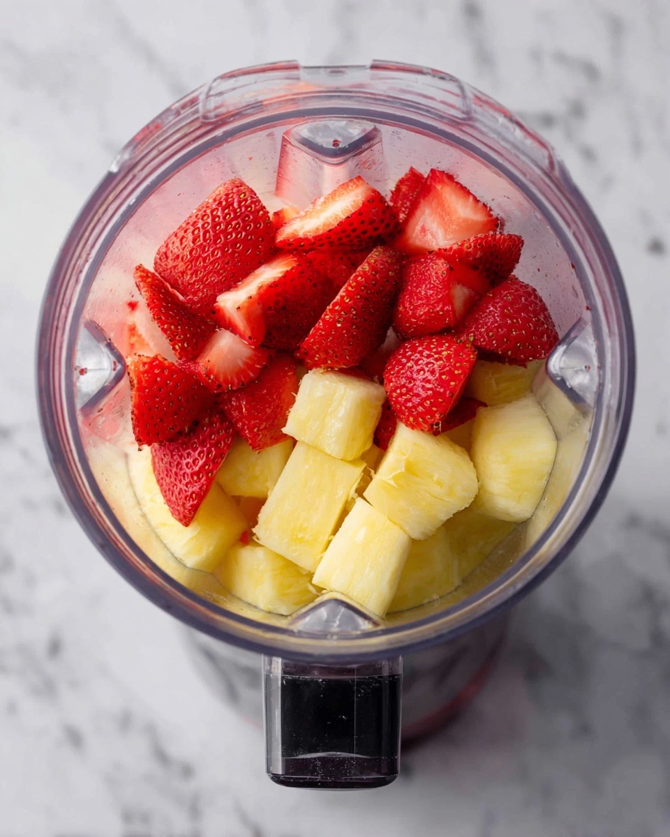 The image shows a fresh pineapple on the right side with its green crown and rough textured skin in green and yellow shades. To the left, a clear glass bowl full of bright red strawberries with green tops rests on a white marbled surface. Below the bowl, there is a white small round bowl with dark brown chocolate sauce, next to two green lime halves placed side by side. At the bottom left, a clear glass measuring cup holds water. The background is a smooth white marbled texture. photo taken with an iphone --ar 4:5 --v 7
