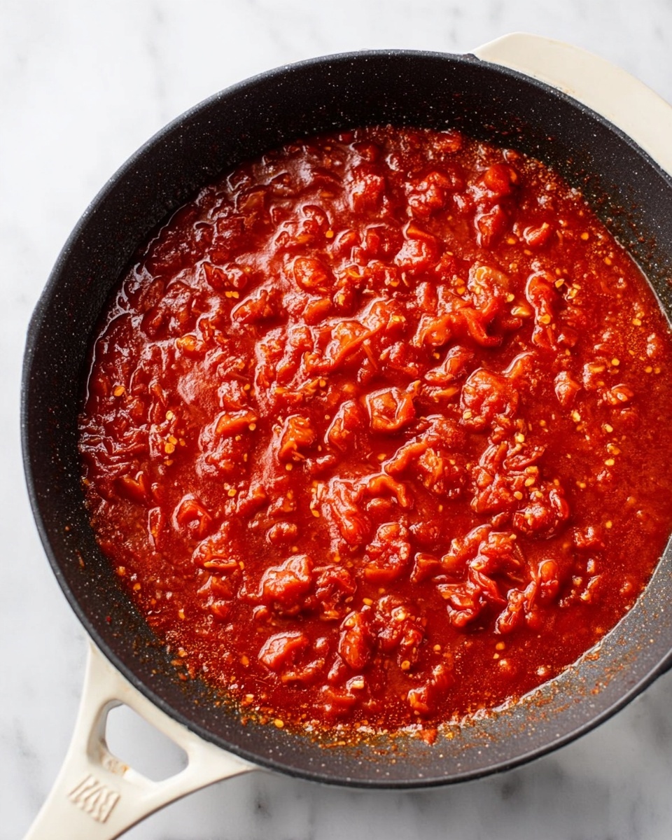 A black pan with a white handle sits on a white marbled surface, filled with a thick tomato sauce. The sauce is bright red with chunks of soft cooked tomatoes, onions, and small bits of spices, giving it a textured and slightly shiny appearance. The sauce covers the entire bottom of the pan evenly with some small bubbles showing, making it look hot and fresh. Photo taken with an iphone --ar 4:5 --v 7