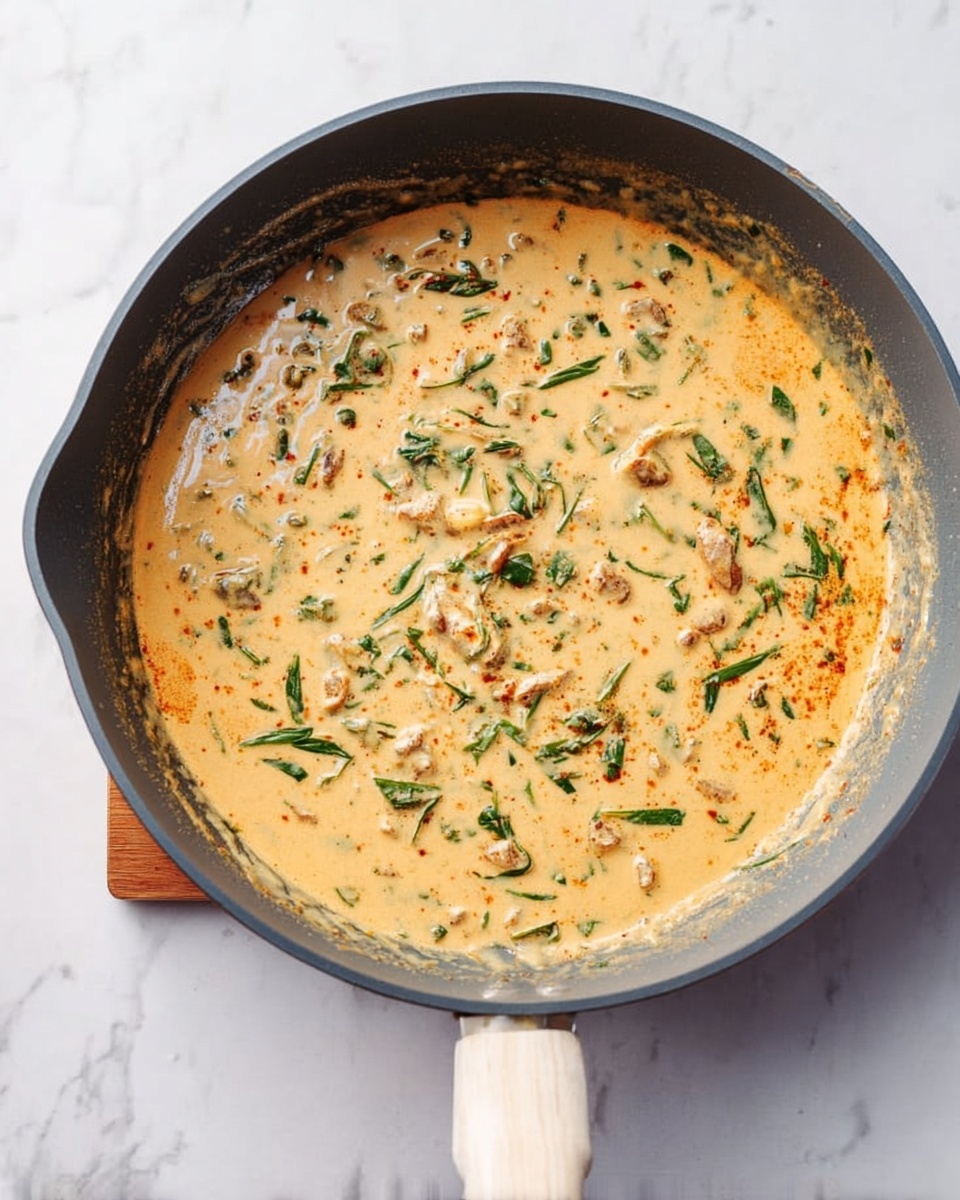 The image shows a dark gray frying pan with a white wooden handle sitting on a white marbled surface. Inside the pan is a creamy, orange-yellow sauce with green leafy herbs and small pieces of cooked meat or vegetables spread throughout. The sauce has a smooth texture with visible bits of ingredients floating evenly on top. The pan's sides show a bit of sauce stuck near the edge. Photo taken with an iphone --ar 4:5 --v 7