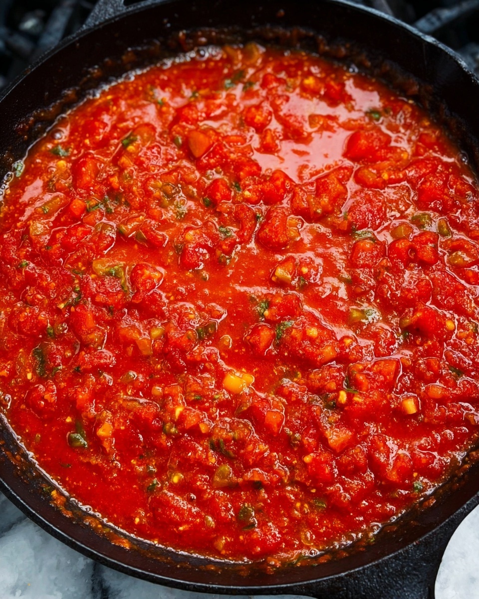 A black skillet contains a dish with three cooked eggs in the center, each egg showing bright yellow yolks and white edges. The eggs sit on a thick layer of red tomato sauce that fills the pan and looks slightly chunky. Bright green fresh herbs are scattered over the eggs and sauce, adding a pop of color. The skillet is placed on a white marbled surface with a bunch of green herbs in the top left corner and slices of bread resting on a wooden board in the top right area. photo taken with an iphone --ar 4:5 --v 7