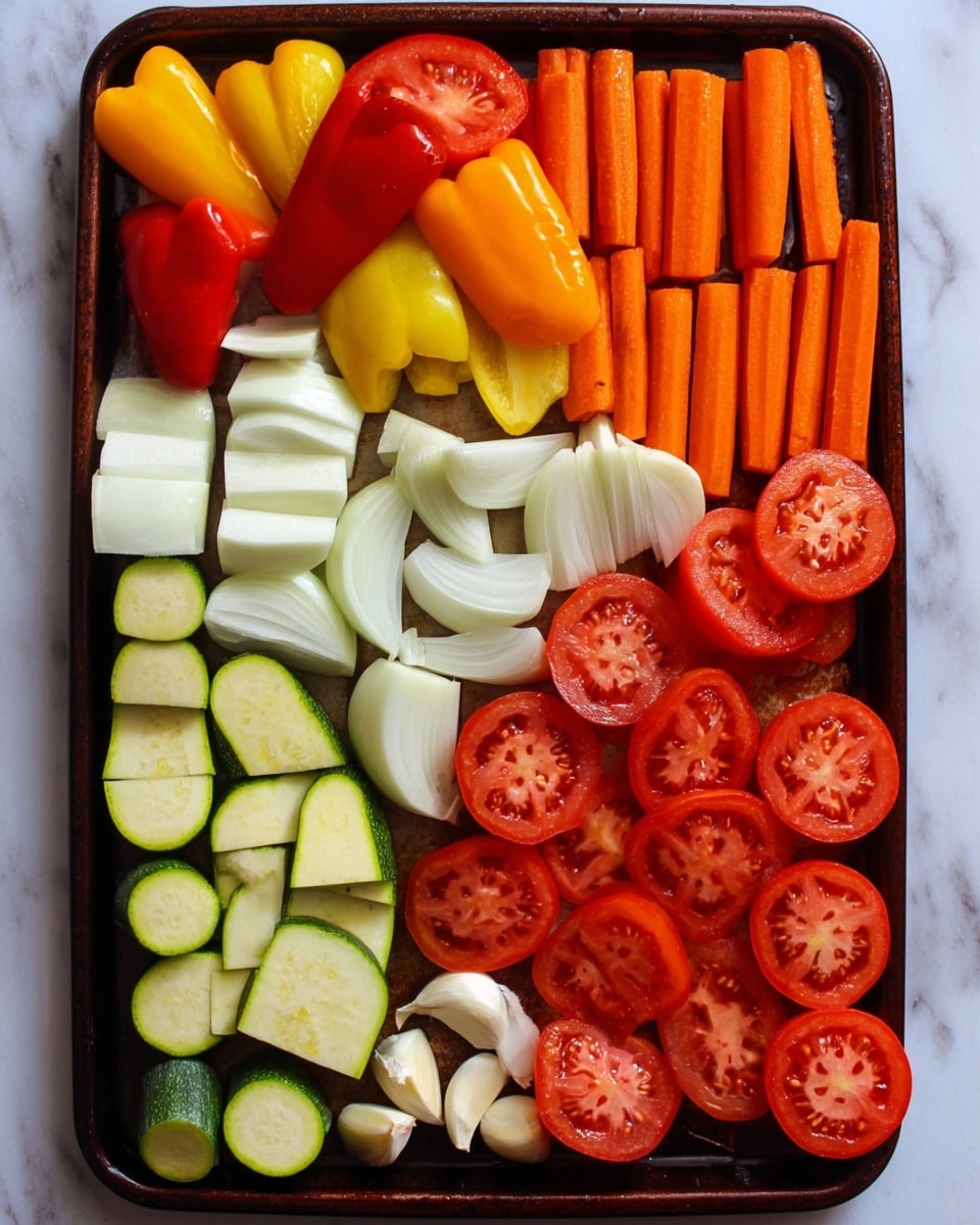 The image shows a baking tray filled with many fresh vegetables arranged in layers. On the right side, there are two rows of halved red tomatoes, showing their juicy inside and seeds. Next to the tomatoes, in the middle of the tray, are thick pieces of orange carrots placed horizontally and vertically. Near the top center and middle left, white onion chunks are scattered, showing their smooth layers. At the bottom left, light green zucchinis are halved, showing their soft, seeded inside, placed in two rows. On the top left, colorful mini bell peppers in yellow, orange, and red sit close together. In the center bottom, a whole bulb of garlic is cut horizontally, exposing its round cloves. The tray is set on a white marbled surface. Photo taken with an iphone --ar 4:5 --v 7