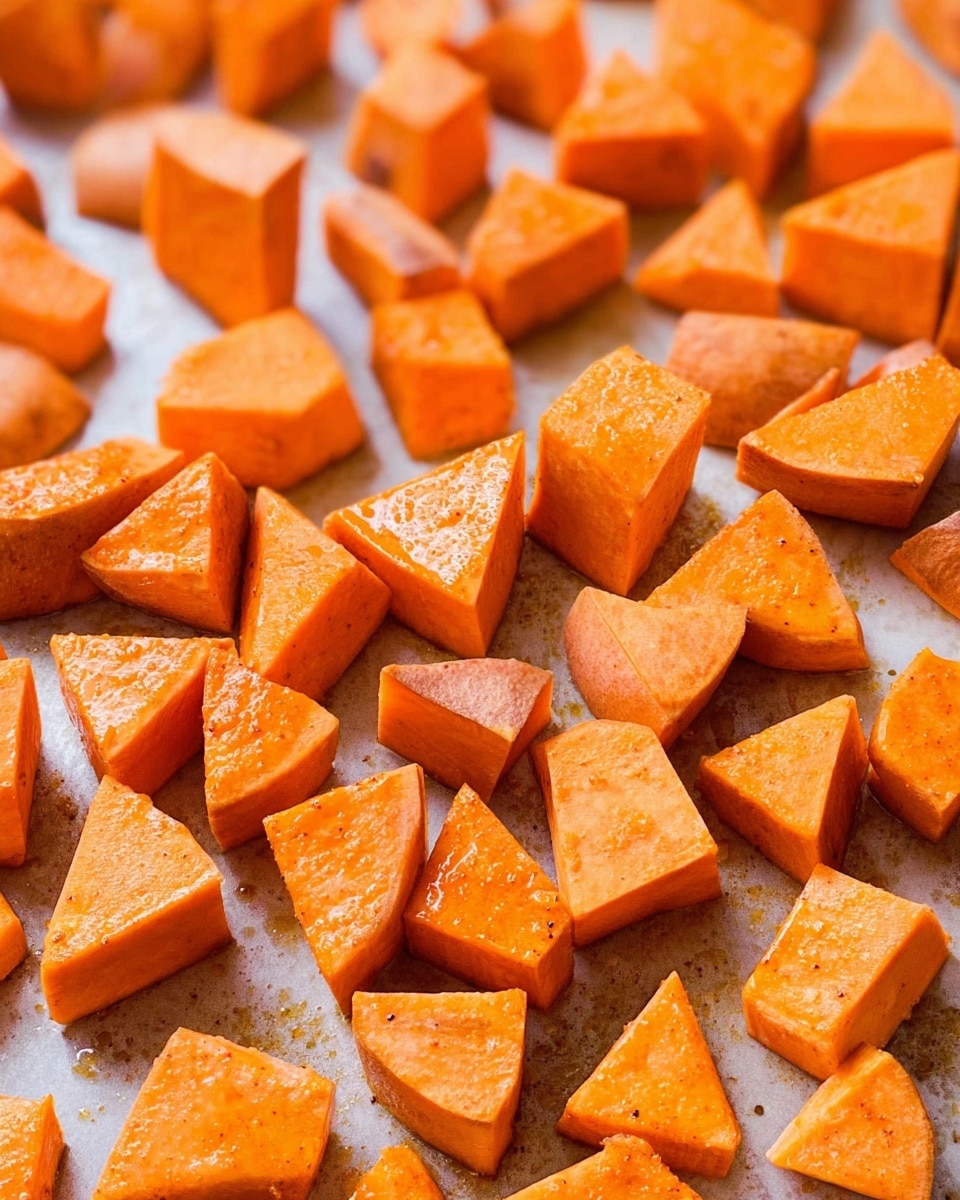 A close-up image shows a silver fork lifting two small rusty orange pieces of roasted sweet potato with visible brown char marks. These potato pieces are partially dipped into a thick, creamy light beige sauce with some tiny specks, all held in a small white bowl. In the blurry background, more roasted sweet potato chunks sit inside a white bowl on a beige knitted cloth. The surface underneath is a white marbled texture. photo taken with an iphone --ar 4:5 --v 7
