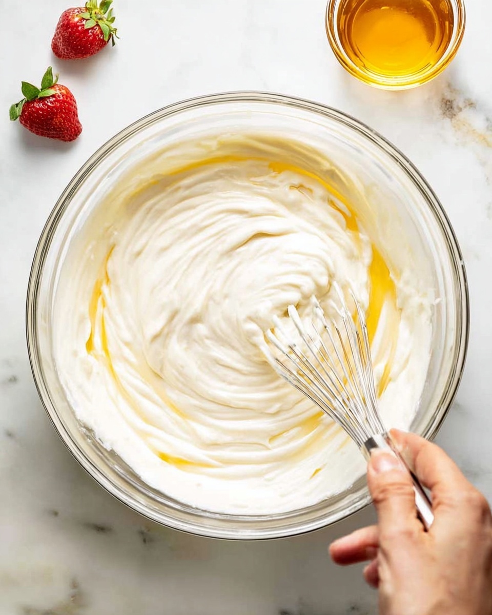 A large clear glass bowl is placed on a white marbled surface, filled with thick, creamy white batter that has streaks of golden honey swirling through it. A woman's hand holds a silver whisk inside the bowl, mixing the smooth mixture in soft circular motion. Near the bowl, there is a fresh red strawberry and a small clear container filled with golden honey. The overall scene looks bright and fresh, focused on the textures of the creamy batter and glossy honey. photo taken with an iphone --ar 4:5 --v 7