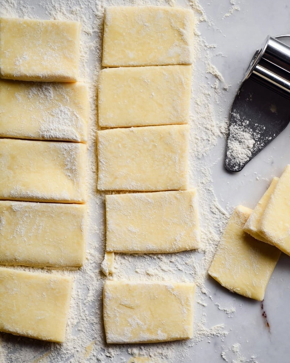 Three raw pastries are shown on a white marbled surface dusted with flour. The first two pastries are rectangular dough pieces layered with a bright yellow mixture at the bottom and a thick, light brown lumpy sauce on top, spread unevenly. The third pastry is fully folded over into a square shape with edges pressed down by a silver fork next to it, showing a smooth, pale dough surface. The scene captures the middle of the preparation process with a slight mess of spilled sauce and flour around the pastries. photo taken with an iphone --ar 4:5 --v 7