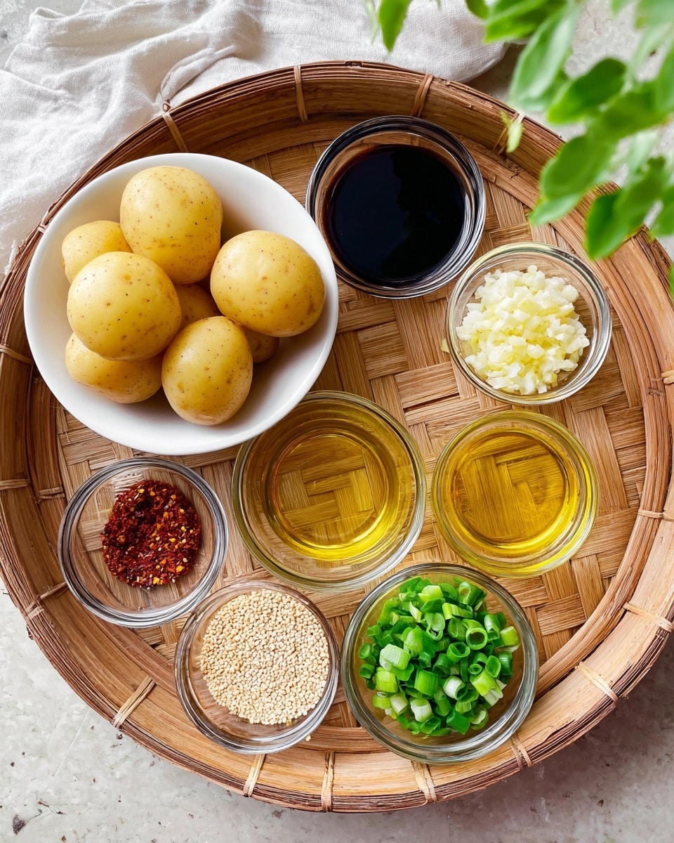 The image shows a metal pot filled with small, round golden potatoes covered in a shiny, thick caramel-colored sauce sprinkled with white sesame seeds. The sauce glistens over the potatoes, giving them a glossy texture. A wooden spoon coated with the same sauce rests inside the pot on the right side. The background surface is a white marbled texture. Photo taken with an iphone --ar 4:5 --v 7