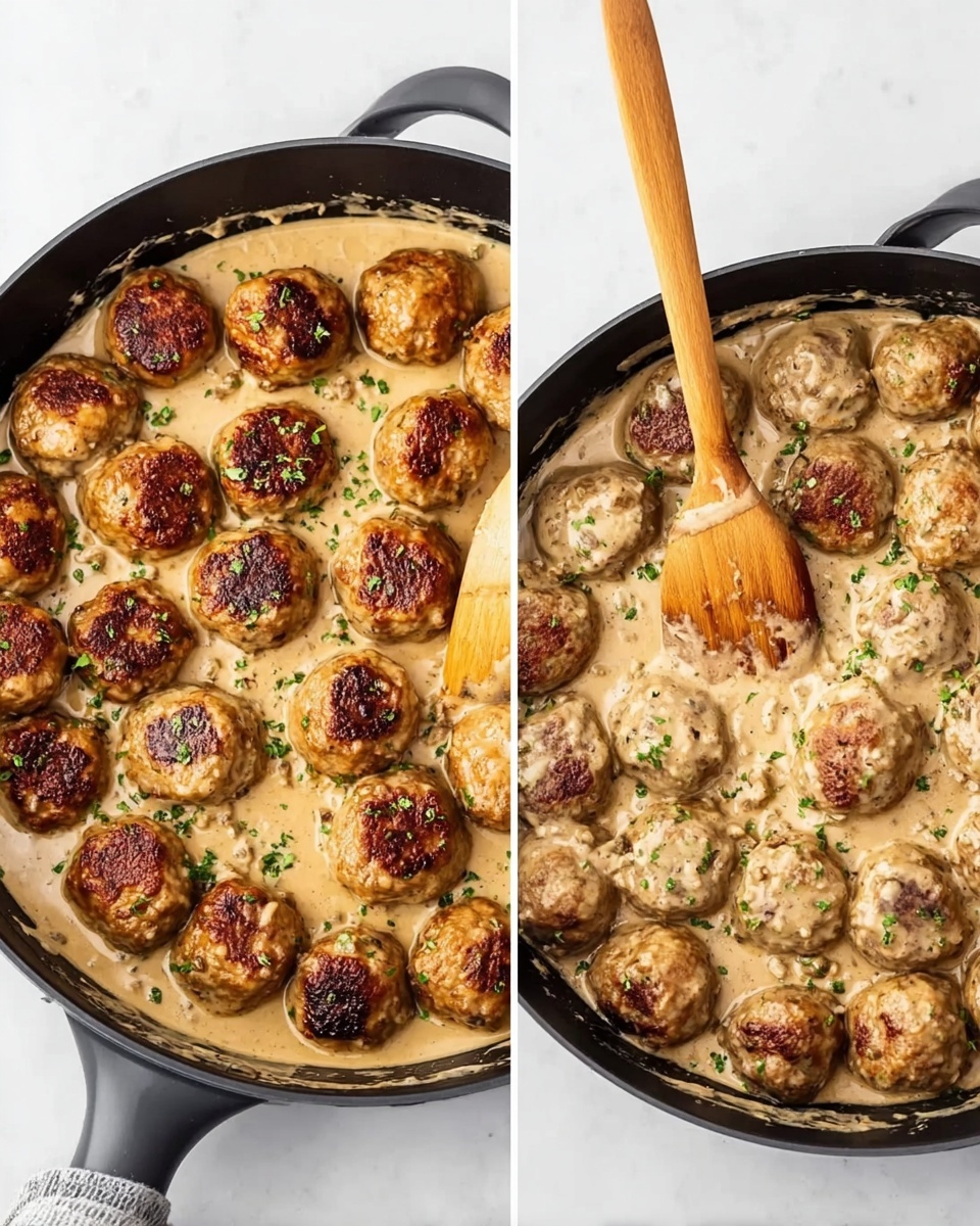 The image shows two black pans filled with round browned meatballs in a creamy, light beige-colored sauce with small green herb bits. In each pan, there is a wooden spoon resting on the sauce, partially stirring the meatballs. The meatballs have a cooked, golden-brown texture with some darker charred spots. Both pans sit on a smooth white marbled surface. The overall look shows the thick creamy sauce covering the meatballs evenly, with the spoon placed inside each pan as if in the middle of cooking. photo taken with an iphone --ar 4:5 --v 7