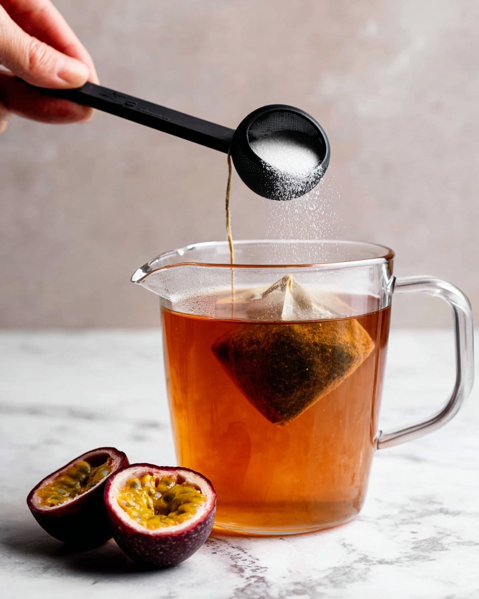 Two tall, clear glasses with vertical ridges are filled with a bright orange drink. Each glass has a thin slice of lemon near the top and some floating black passion fruit seeds at the bottom. The drink is being poured from a clear glass pitcher into the front glass. In front of the glasses, there are three halves of passion fruit, showing the yellow seeds inside. A small gold spoon lies on the white marbled surface near the glasses. The background is softly blurred and light-colored. Photo taken with an iphone --ar 4:5 --v 7