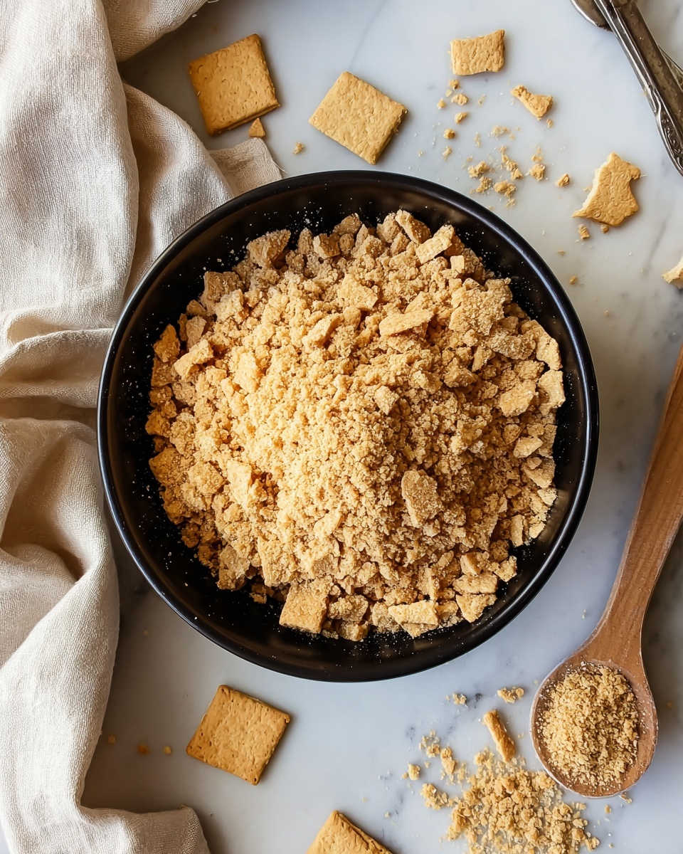A top view of a black bowl filled with light brown, crumbly crushed crackers. There is a wooden spoon on the right side of the bowl with some crumbs on it and more crumbs scattered around the bowl on a white marbled surface. Pieces of whole crackers are placed on the bottom left side near the bowl, and light beige cloths are draped around the edges of the surface. Photo taken with an iphone --ar 4:5 --v 7