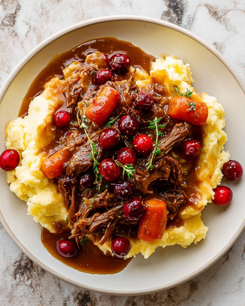 The image shows a large piece of raw red meat with black pepper on top, placed on a white plate in the top left. Surrounding it are white bowls with different ingredients: bright orange carrot chunks in the top right, shiny red cranberries below the carrots, thick dark red cranberry sauce in the middle, sliced white onions to the left of the sauce, and a small pile of red paste on a tiny white dish below the sauce. At the bottom left, there is a bowl with chopped garlic, dried green herbs, and red chili flakes. To the bottom right of the sauce bowl are two dark liquid-filled white bowls and one smaller cup with a dark amber liquid, all arranged on a wooden surface. Photo taken with an iphone --ar 4:5 --v 7