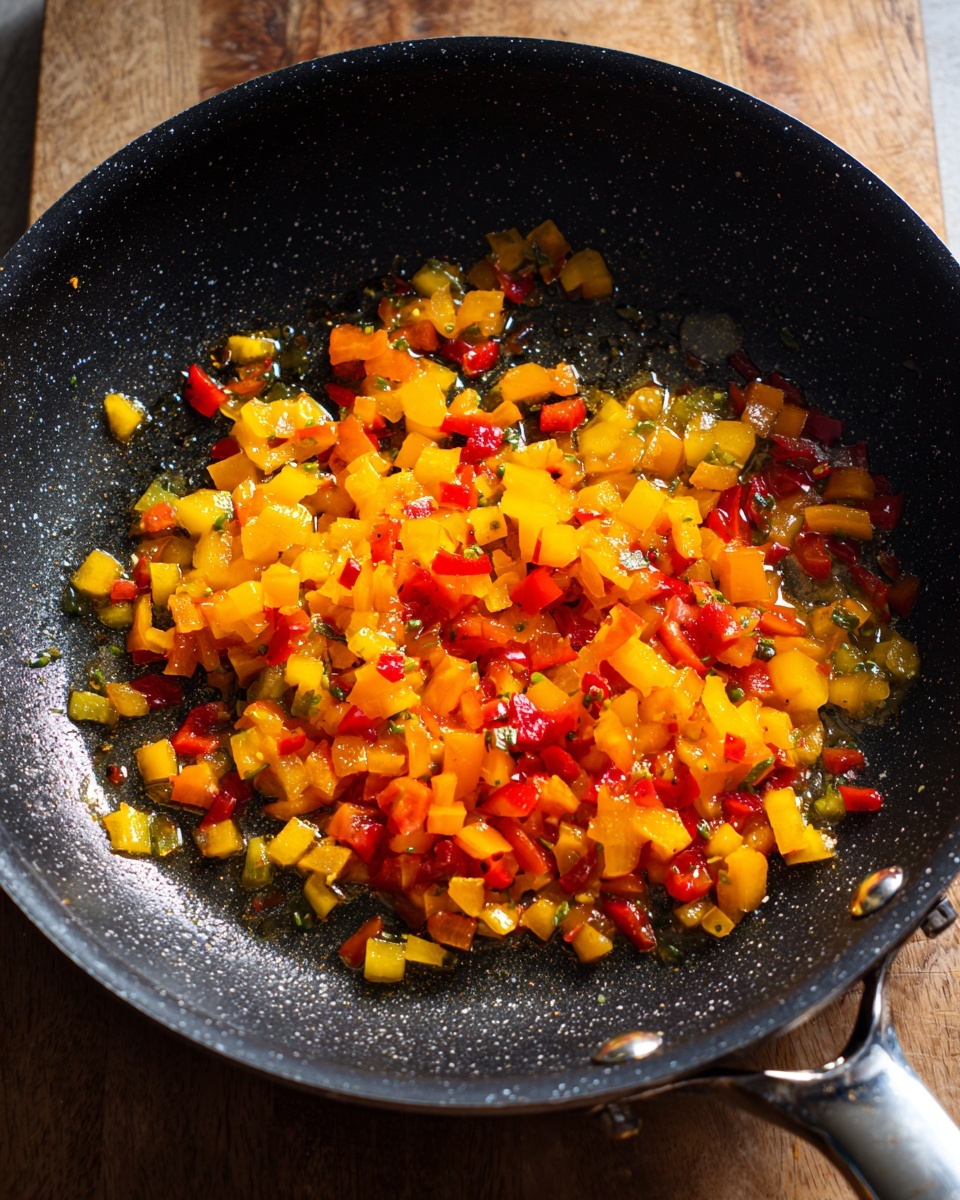 A small clear glass jar filled with a golden yellow sauce that has visible small seeds and chopped green herbs scattered inside. A silver spoon dipped into the sauce rests on the rim of the jar. Behind the jar are pieces of bright yellow mango with deep grid-like cuts on a white marbled surface. Small green herb leaves are spread around the jar and mango pieces, creating a fresh look. photo taken with an iphone --ar 4:5 --v 7