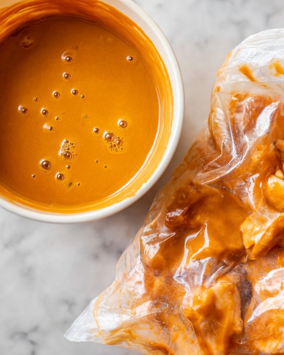 The image shows two close-up views of a thick, creamy orange sauce. On the left is a cup filled with the smooth sauce, which has a shiny surface with small bubbles and a rich texture. On the right is a white bag with pieces of raw chicken coated in the same sauce, showing a mix of orange sauce and white chicken skin through the translucent bag. Both are set on a white marbled surface. Photo taken with an iphone --ar 4:5 --v 7