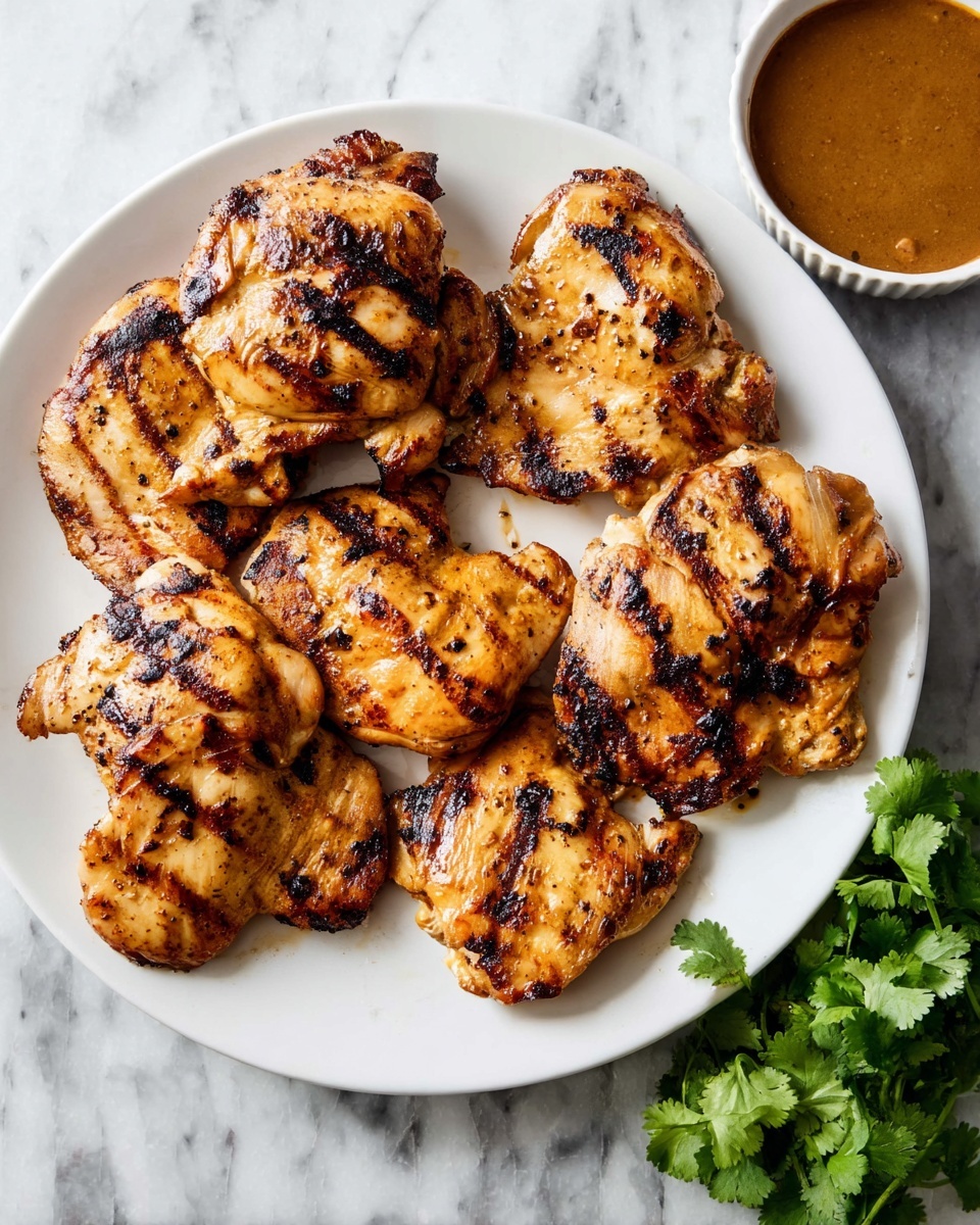 A white plate holds eight pieces of grilled chicken thighs arranged closely together, each piece showing a mix of golden brown and darker charred grill marks with a slightly shiny texture from the marinade. The chicken has a slightly uneven surface with some small blackened spots scattered across. To the upper right of the plate, a small white ramekin contains a thick brown sauce. At the bottom right corner of the image, a small bunch of fresh green cilantro sits on a white marbled surface. The photo taken with an iphone --ar 4:5 --v 7