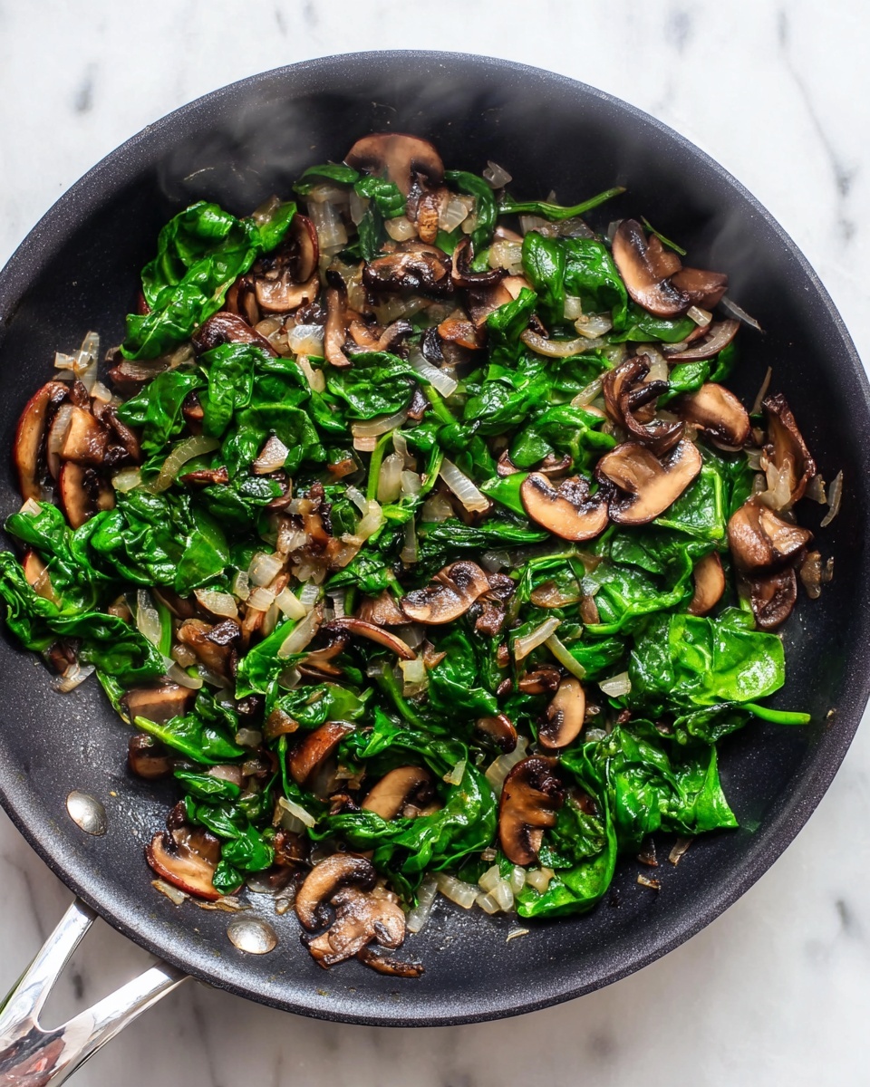 A black frying pan filled with sautéed spinach and sliced brown mushrooms mixed with small pieces of translucent cooked onions. The spinach leaves are bright green and wilted, while the mushrooms have a rich, earthy brown color with a tender texture. The sautéed mixture sits on a white marbled surface, with some steam rising gently, showing it is hot. The pan handle is metallic silver, visible on the lower left side. photo taken with an iphone --ar 4:5 --v 7