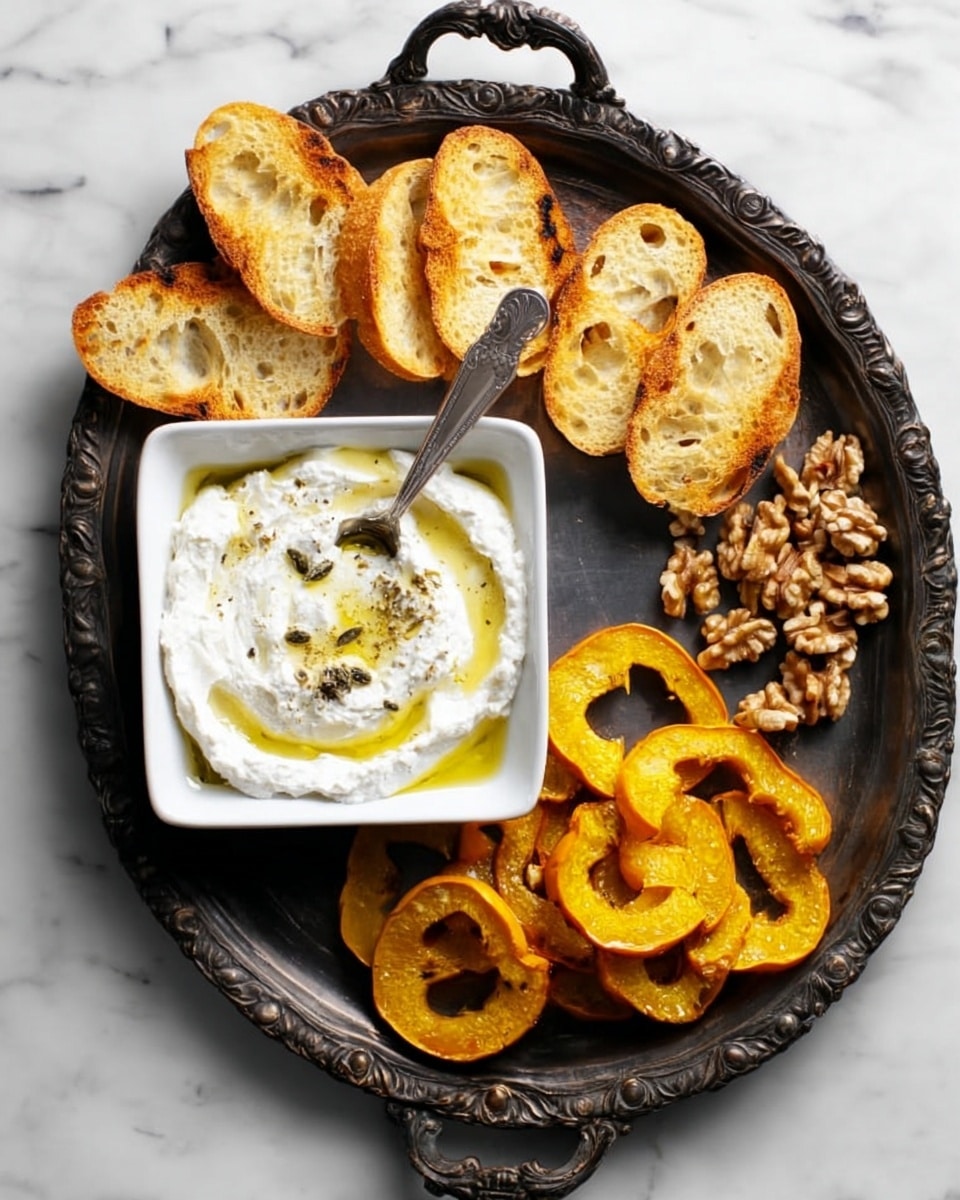 A close-up view of a bowl filled with a thick, creamy white cheese spread, softly piled with textured swirls in the top layer. The cheese has a smooth and slightly grainy texture, with a few patches of golden yellow olive oil drizzled over it, creating a shining contrast. A shiny metal spoon rests inside the white bowl on the right side, partially dipped into the spread. To the right of the bowl, there are two slices of toasted bread with a golden-brown crust and some visible seeds or grains. The bowl is placed on a dark surface with a subtle pattern, enhanced by soft natural light. photo taken with an iphone --ar 4:5 --v 7