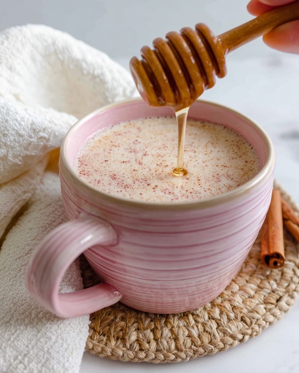 A close-up image shows a pink mug filled with a creamy foam drink that has a light pink color. The top layer is thick and frothy, sprinkled partially with small purple dried flower petals on one side and fine red powder sprinkled on the other side, creating a natural arc pattern. The mug sits on a white marbled surface next to a white textured cloth with pink edging and a white ceramic pitcher in the background. The light in the image is soft and natural, highlighting the smooth texture of the foam and the soft colors of the mug and toppings. photo taken with an iphone --ar 4:5 --v 7