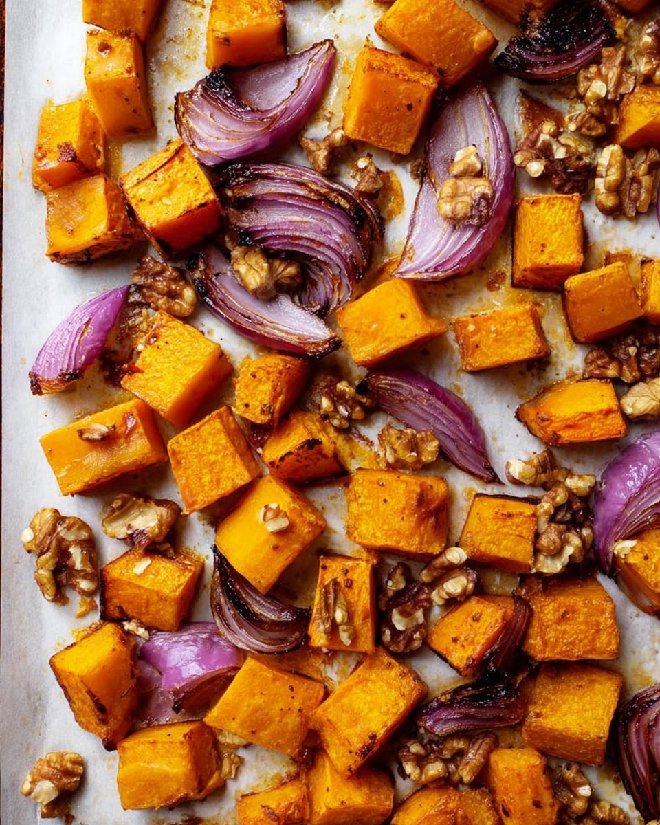 The image shows a baking tray filled with roasted butternut squash cubes that are golden orange with slightly darkened edges. Scattered among the squash are caramelized red onion wedges, their colors ranging from deep purple to translucent light purple. Small pieces of toasted walnuts add a rough texture and a light brown color contrast. The background is a white marbled baking tray surface. The vegetables and nuts are spread evenly across the tray with a rustic, slightly shiny finish from roasting. Photo taken with an iphone --ar 4:5 --v 7