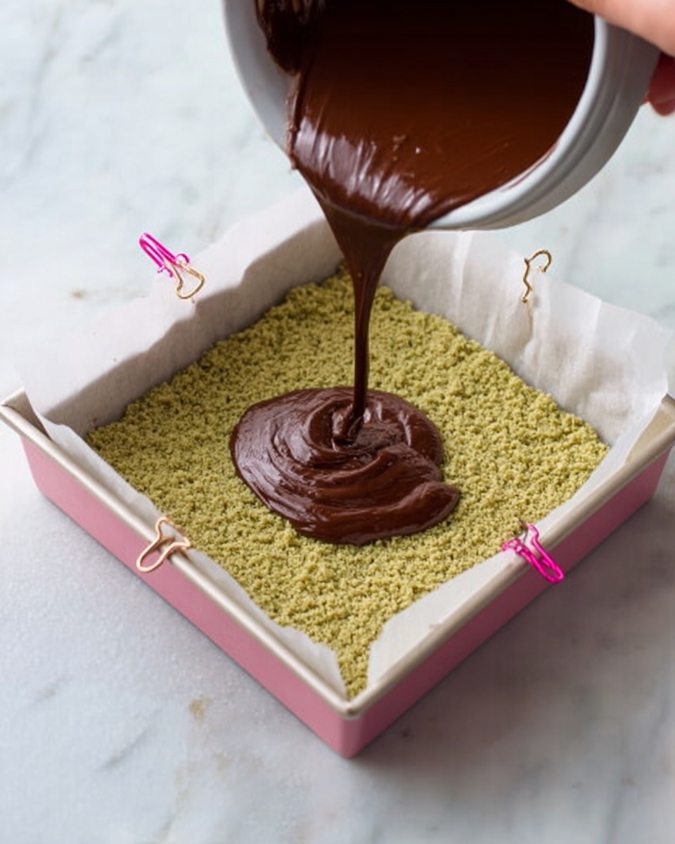 The image shows a white square baking pan lined with white parchment paper held by pink clips at the corners, placed on a white marbled surface. Inside the pan, there is a thick pale green crust layer with a rough texture. A woman's hand is pouring a glossy dark brown chocolate layer evenly over the green crust from a white bowl with a grey rim. The chocolate layer is starting to spread in the center of the pan. Photo taken with an iphone --ar 4:5 --v 7