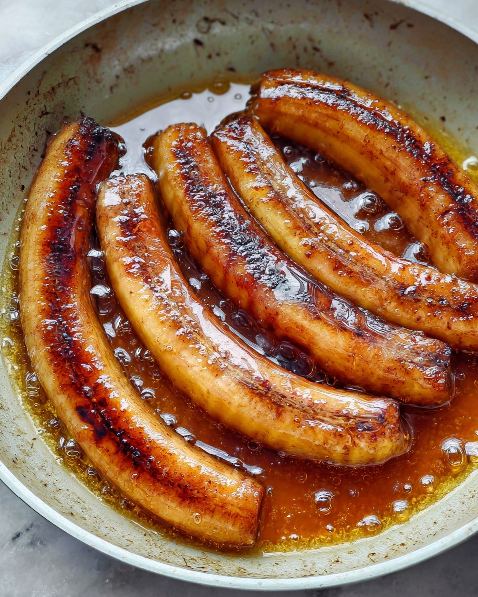 Four long caramelized bananas with a golden brown surface and some darker charred spots lie in a small white pan. The bananas are covered in shiny syrup that is bubbling and has a rich amber color, pooling around the fruit. The pan rests on a white marbled surface, and the focus is close up, highlighting the glossy texture of the syrup and the soft, cooked bananas photo taken with an iphone --ar 4:5 --v 7