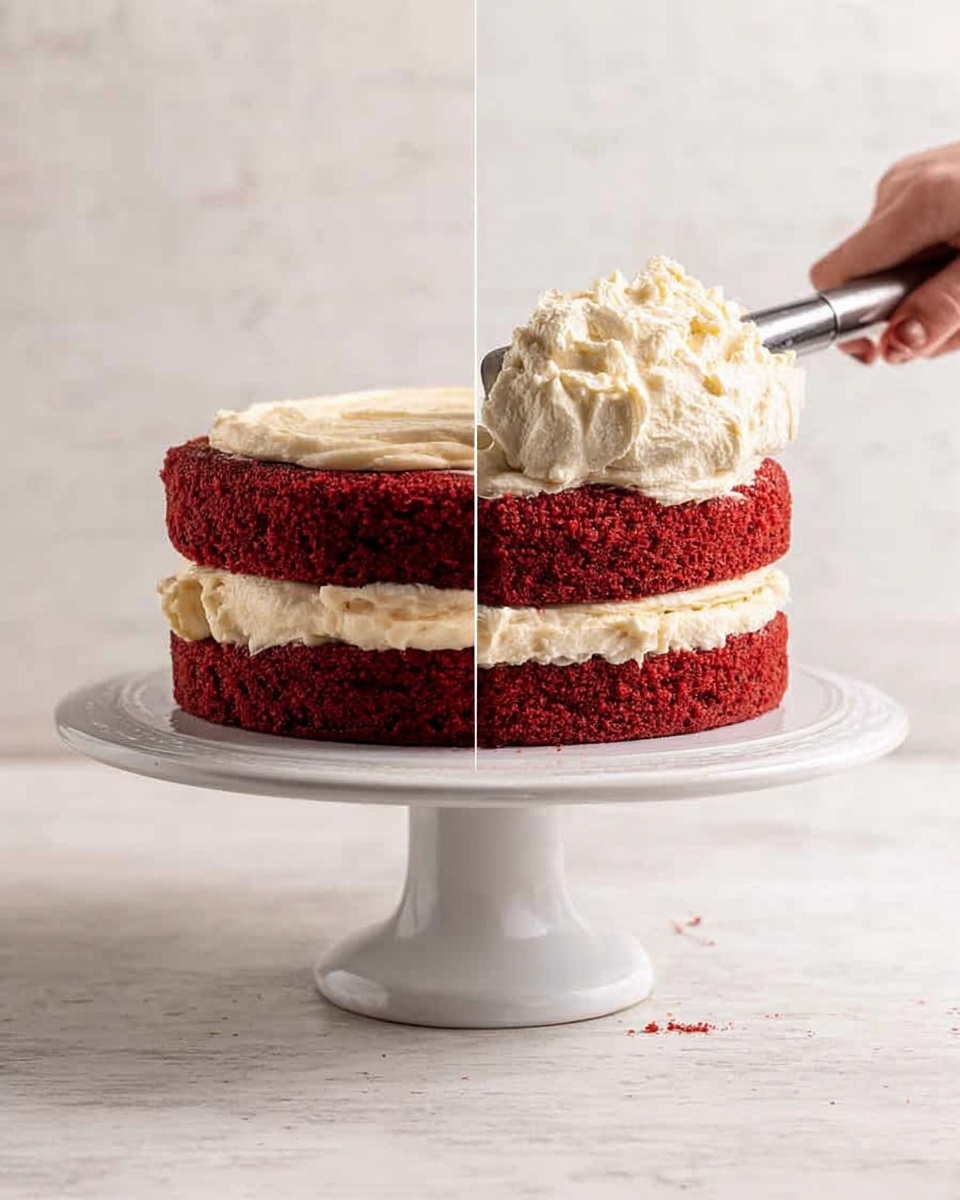 A three-layer round red velvet cake is shown with two thick red layers separated by a white cream layer in the middle. The outside is covered with smooth white cream, and the top of the cake is fully covered with red cake crumbs. The edge of the top has a border made of white cream swirls. One slice is taken out and placed on a small white plate nearby, showing the same red and white layers inside. Red crumbs are scattered around the white marbled surface where the cake and slice rest. Photo taken with an iphone --ar 4:5 --v 7