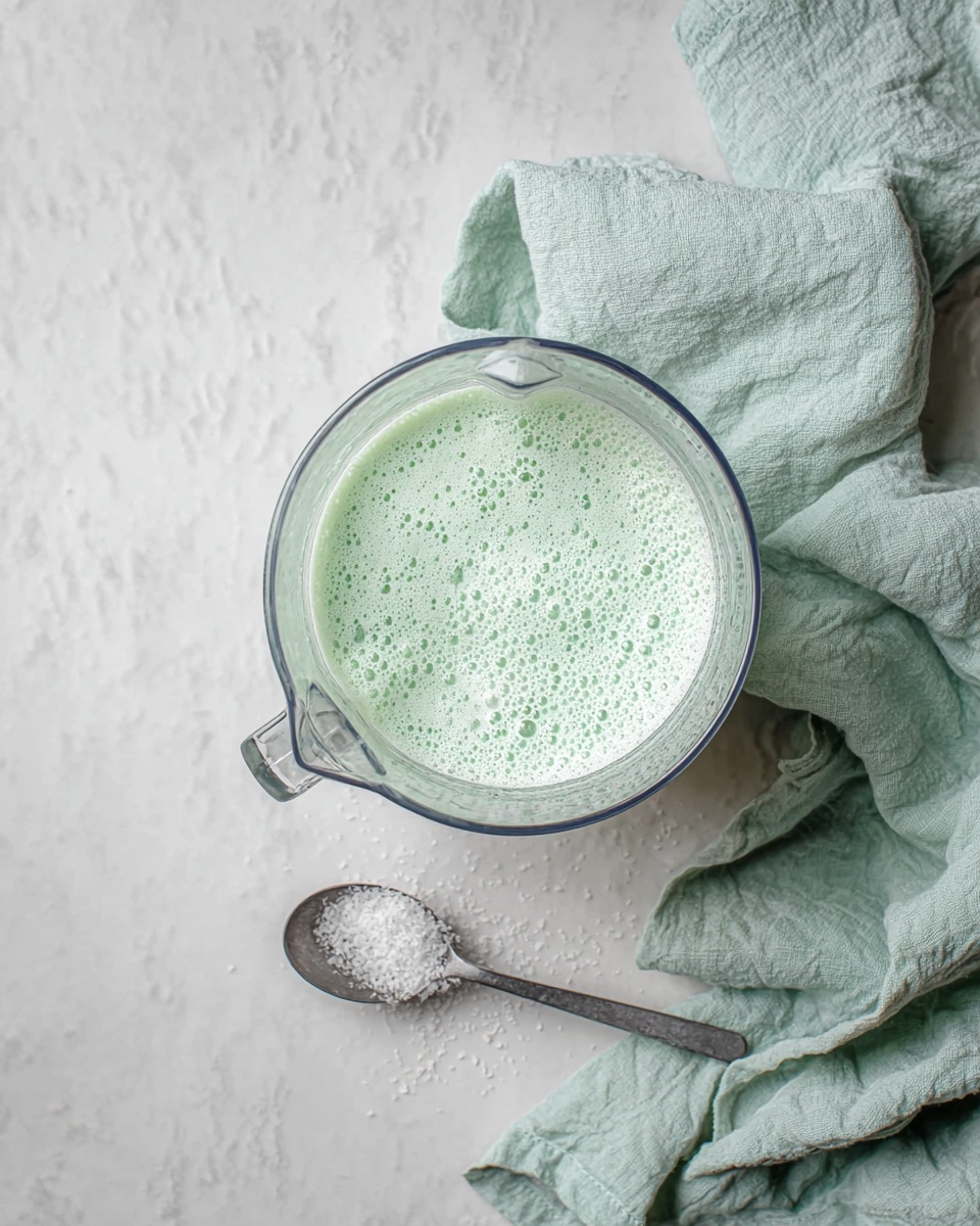 A clear blender container sits on a white marbled surface, filled with a frothy, light green liquid that has small bubbles around the surface, showing a creamy and airy texture. To the lower right, a gray spoon with a white powder or salt on it rests on top of a light green cloth that is casually folded. photo taken with an iphone --ar 4:5 --v 7