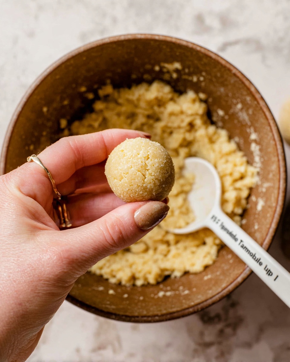 A close-up image of a woman's hand holding a small round dough ball that is light beige and slightly grainy in texture, above a brown mixing bowl filled with more of the same dough mixture. A white tablespoon measuring spoon with