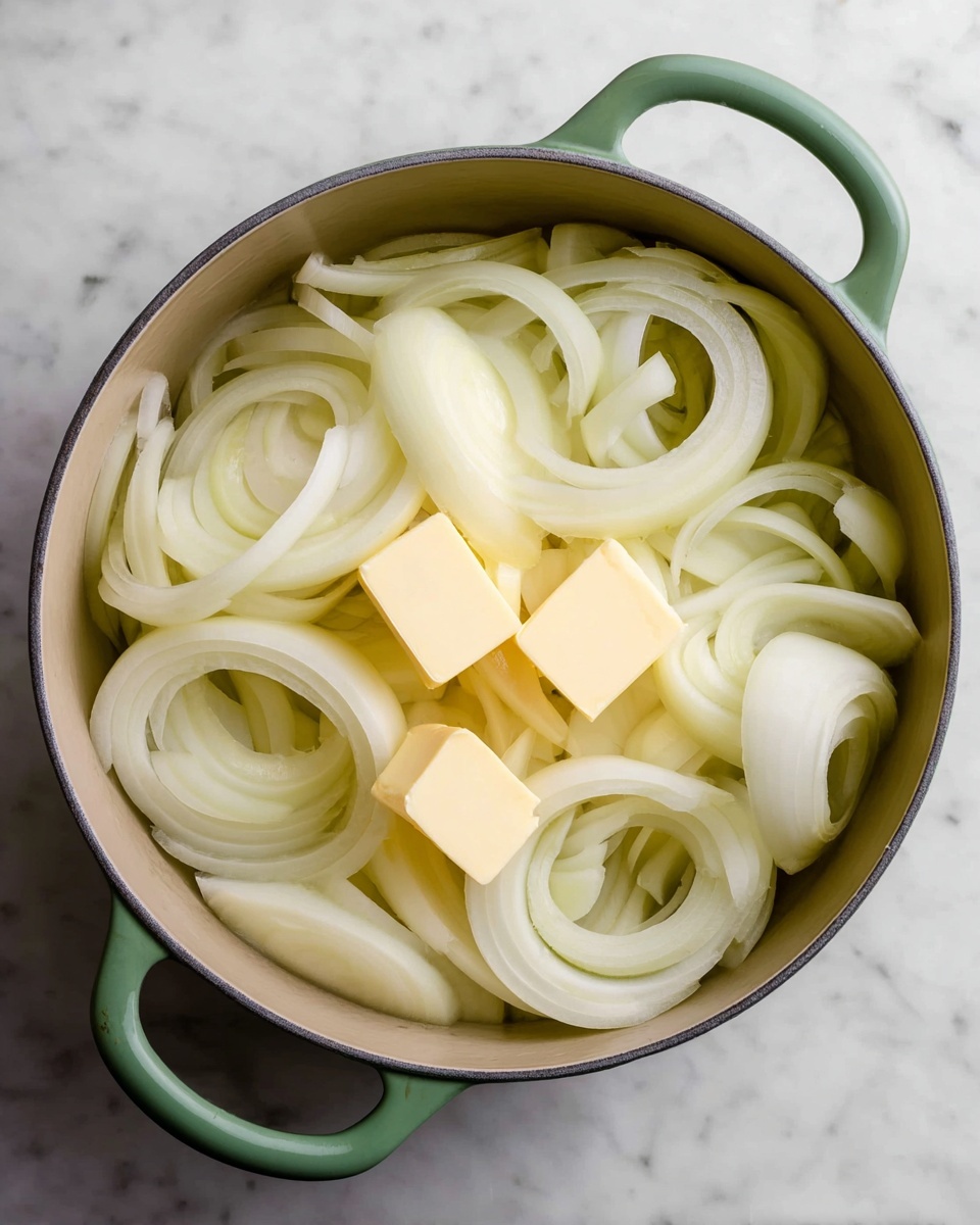 A green pot filled with many white onion slices arranged in a loose pile, showing their curved shapes and translucent layers. On top of the onions, there are three small blocks of pale yellow butter evenly spaced. The pot sits on a white marbled surface, and the photo is taken from above, capturing the pot's rounded edges and handles. photo taken with an iphone --ar 4:5 --v 7