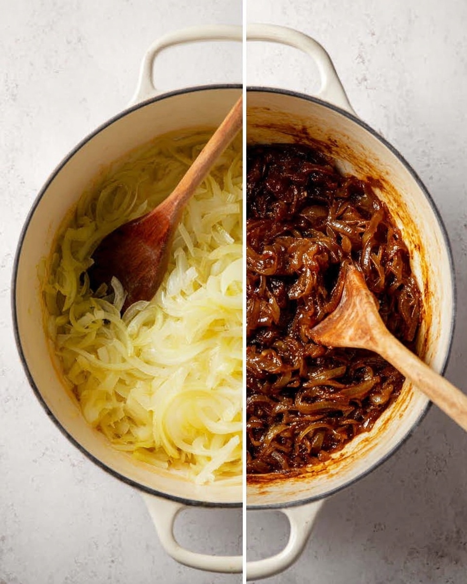 The image shows a side-by-side view of a white enameled pot on a white marbled surface. On the left side, the pot contains thinly sliced translucent onions cooking in liquid, with a wooden spoon resting in the pot, stirring the onions. The onions are pale yellow and soft, with a slightly shiny texture. On the right side, the same pot contains deeply browned, caramelized onions with a rich dark brown color and thick, sticky texture. The wooden spoon is also in this pot, partially covered with the browned onions. Photo taken with an iphone --ar 4:5 --v 7