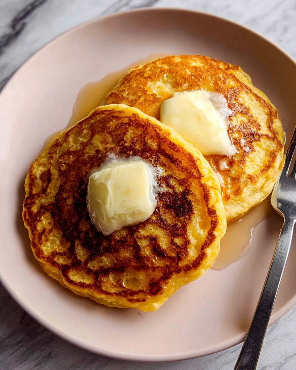 Two thick golden brown pancakes sit stacked on a white plate with slightly crispy edges and a soft center. Each pancake has a melting pale yellow round butter pat in the middle, creating a shiny, creamy texture that blends into the warm surface. The plate is on a white marbled textured surface with a silver fork visible on the side. photo taken with an iphone --ar 4:5 --v 7
