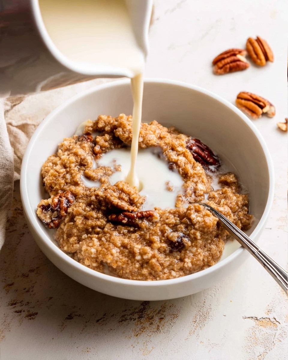 The image shows an oval white baking dish filled with a baked dessert that has a browned, crunchy top layer scattered with chopped pecans. The top layer is textured with a mix of golden brown and darker brown spots indicating caramelization, and the edges show some slight bubbling or thick residue from the baking process. The dish sits on a white marbled surface. photo taken with an iphone --ar 4:5 --v 7