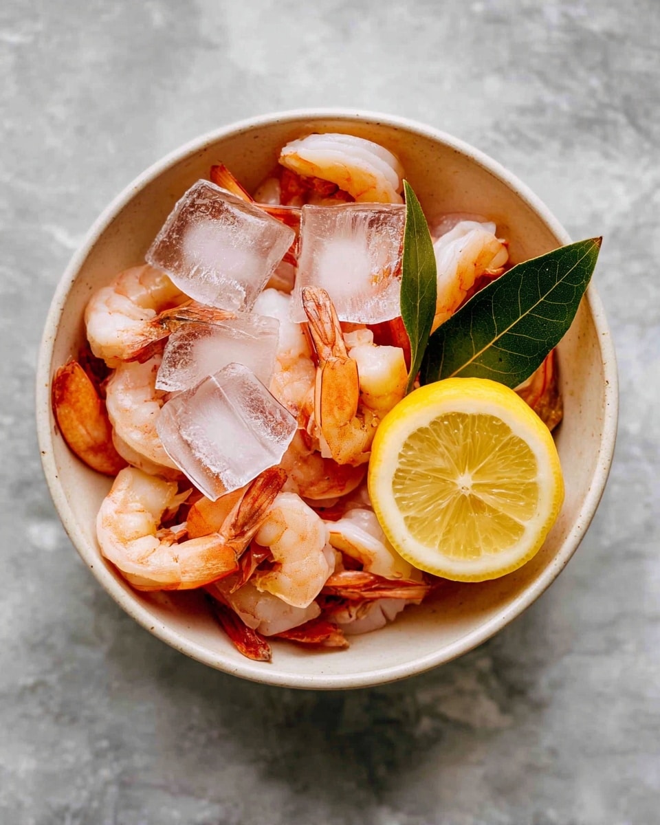 A round white bowl filled with orange-pink cooked shrimp scattered inside. On top of the shrimp, there are several clear, shiny ice cubes, with one half lemon slice placed near the edge. A whole lemon and two green bay leaves are also partly visible among the shrimp and ice. The bowl rests on a white marbled surface. photo taken with an iphone --ar 4:5 --v 7