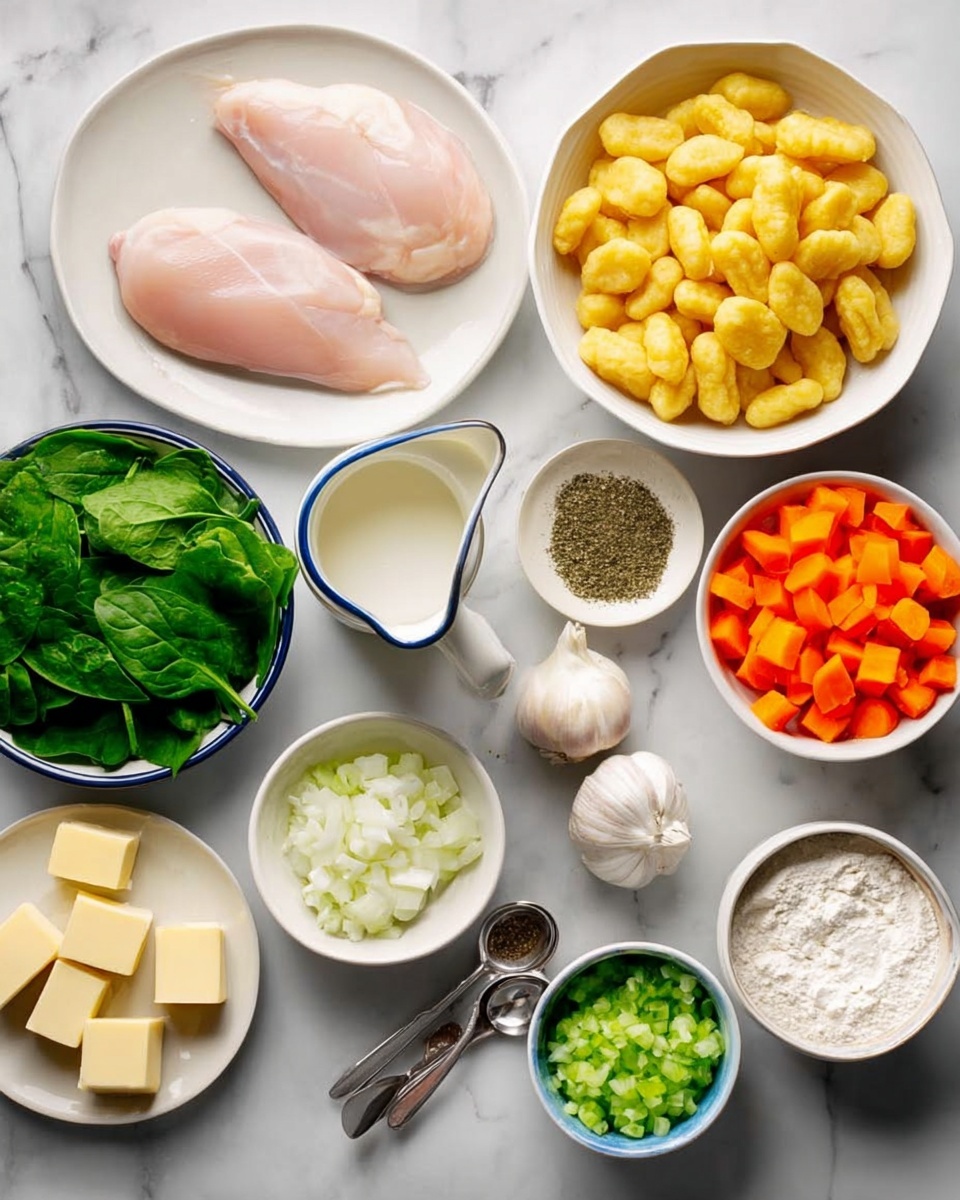 The image shows a collection of ingredients laid out on a white marbled surface. There are two raw chicken fillets placed on a white plate. Next to it, a white bowl holds fresh green spinach leaves. A white plate contains uncooked yellow gnocchi. Another white bowl is filled with chopped orange carrots. There is a measuring jug with white milk and another with light yellow broth. A white bowl contains finely chopped white onions, and another white bowl has chopped green celery. On a white plate, two small cubes of pale yellow butter, a bulb of garlic with some cloves separated, a small white bowl of white flour, and two measuring spoons filled with dried herbs and salt are arranged. The image is well-lit and clear, showcasing the colors and textures of the raw ingredients. Photo taken with an iphone --ar 4:5 --v 7