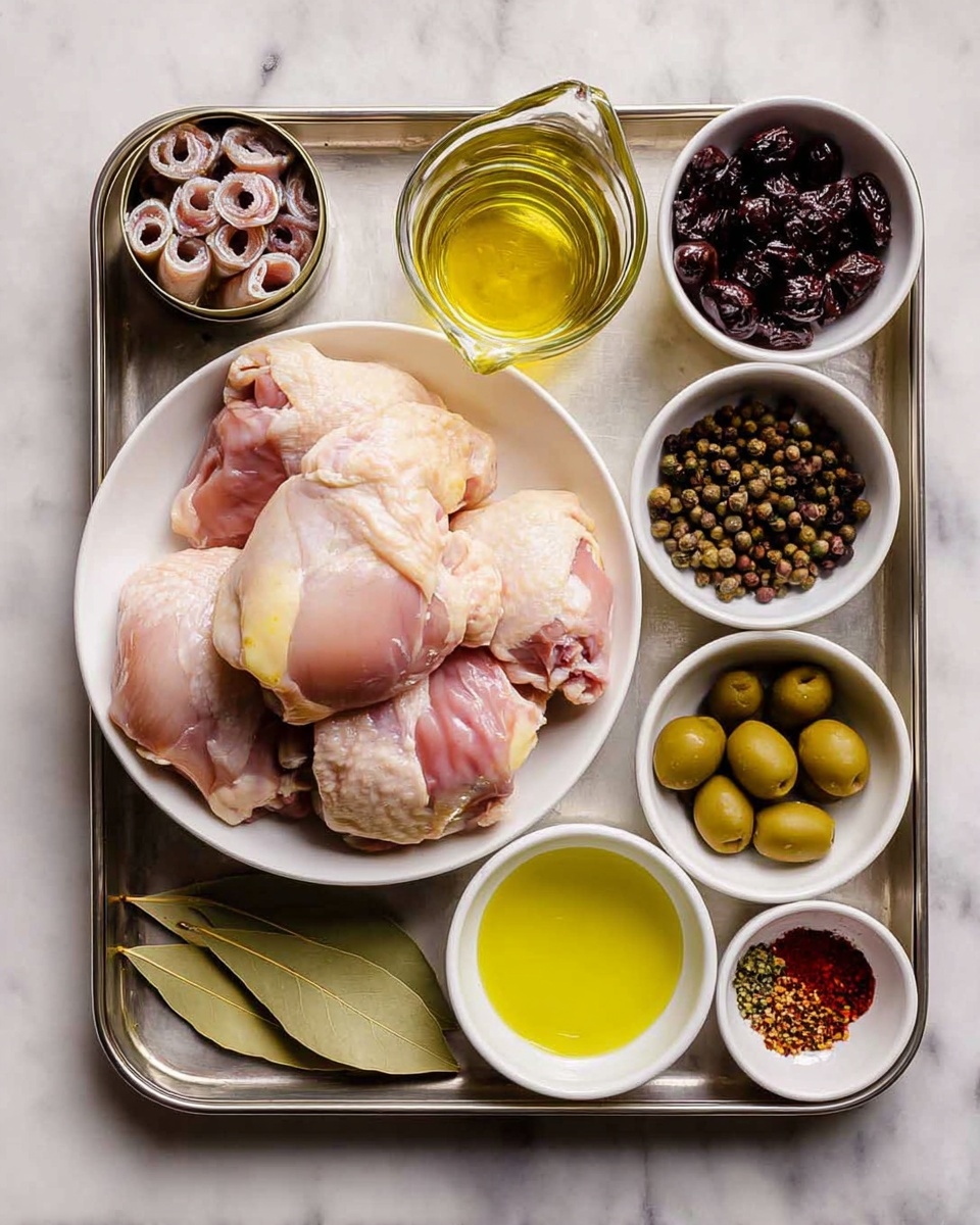 A white bowl holds six raw chicken thighs with pinkish skin and slight yellow fat, positioned slightly overlapping on the right side of a silver tray. Surrounding it are small white bowls filled with dark dried prunes, green olives, whole green peppercorns, and mixed spices including black pepper, red chili flakes, and dried Italian herbs. There is also a small white bowl with light yellow olive oil. Garlic cloves and bay leaves rest directly on the tray near a small glass measuring cup filled with a light golden liquid. An open tin with small rolled anchovies is placed on the top left corner of the tray. The whole setup sits on a white marbled surface. Photo taken with an iphone --ar 4:5 --v 7
