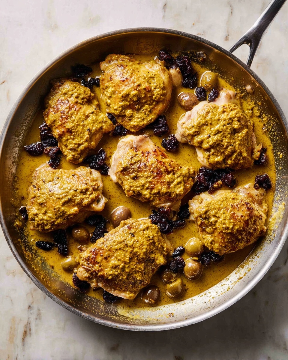 In a silver round pan, there are eight pieces of cooked chicken thighs. Each piece has a thick mustard-yellow sauce layer with a rough texture, covering the top. The chicken sits in a light brown sauce that fills the pan bottom. Scattered over the sauce are small, dark dried fruit pieces and green olives. The pan rests on a white marbled surface. photo taken with an iphone --ar 4:5 --v 7