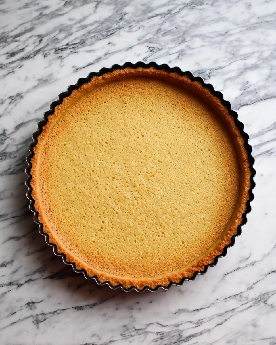 A single golden brown tart crust is shown from above, inside a dark round tart pan with fluted edges. The crust has a lightly textured surface with small bubbles and a slightly cracked area near the edge. The tart pan sits on a white marbled surface with natural grey veins. photo taken with an iphone --ar 4:5 --v 7