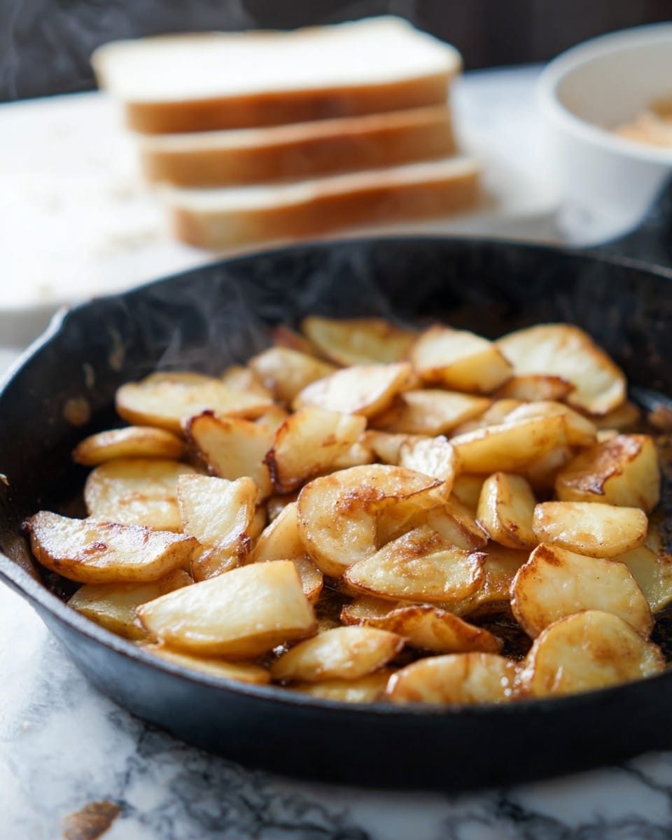 A black pan filled with many pieces of white, sliced root vegetables, cut into triangle and stick shapes, filling the pan layer completely. In the background, there is a blurred white marbled surface with several thin, round slices of light brown bread stacked up behind the pan. Photo taken with an iphone --ar 4:5 --v 7