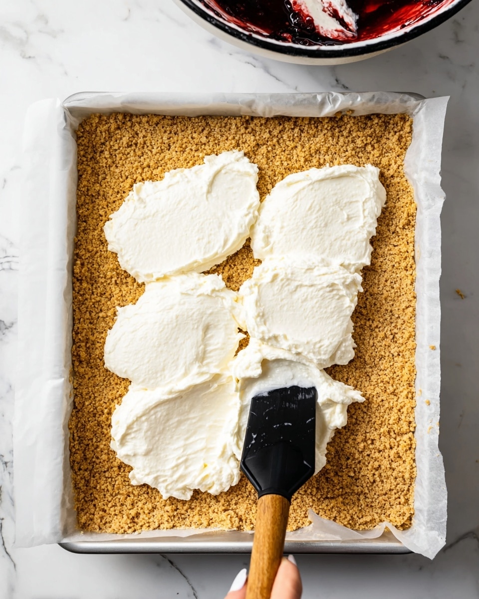 The image shows a square slice of raspberry cheesecake on a white plate with a white marbled surface underneath. The dessert has three clear layers: the bottom layer is a thick, crumbly, light brown crust; the middle layer is a thick, smooth, creamy white cheesecake filling; the top layer is a shiny, bright red raspberry sauce with bits of raspberries visible. A few crumbs are scattered near the cheesecake on the plate. Photo taken with an iphone --ar 4:5 --v 7