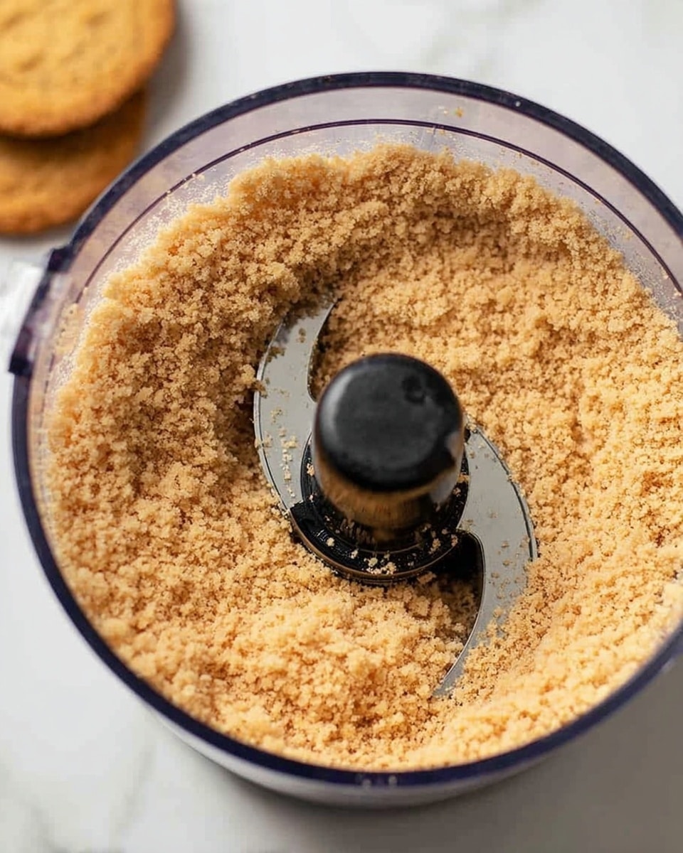 A round metal baking pan shows a thick, light brown crumb crust layer pressed evenly on the bottom. A thick, creamy light beige batter with smooth texture is being poured in soft swirls onto the crust, creating a second layer in the center of the pan. The background is a white marbled surface. photo taken with an iphone --ar 4:5 --v 7