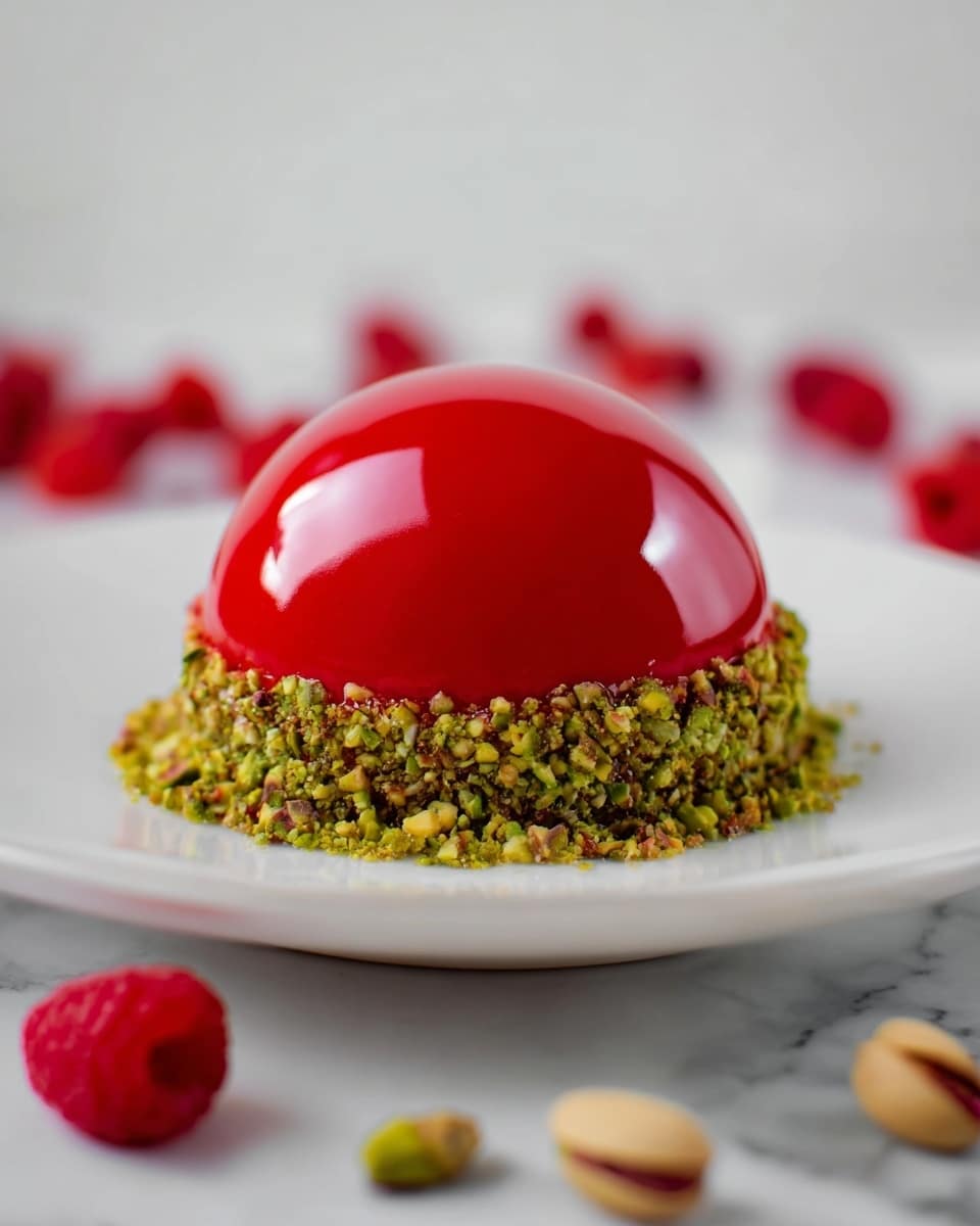 A small round dessert sits in the center of a white plate on a white marbled surface. The dessert has two layers: the shiny top layer is a smooth, bright red dome with a glossy finish, and the bottom layer is a thick ring of chopped green pistachios that cover the base, adding texture and color contrast. Around the plate, a few whole pistachios and bright red raspberries add extra color to the scene. The photo taken with an iphone --ar 4:5 --v 7