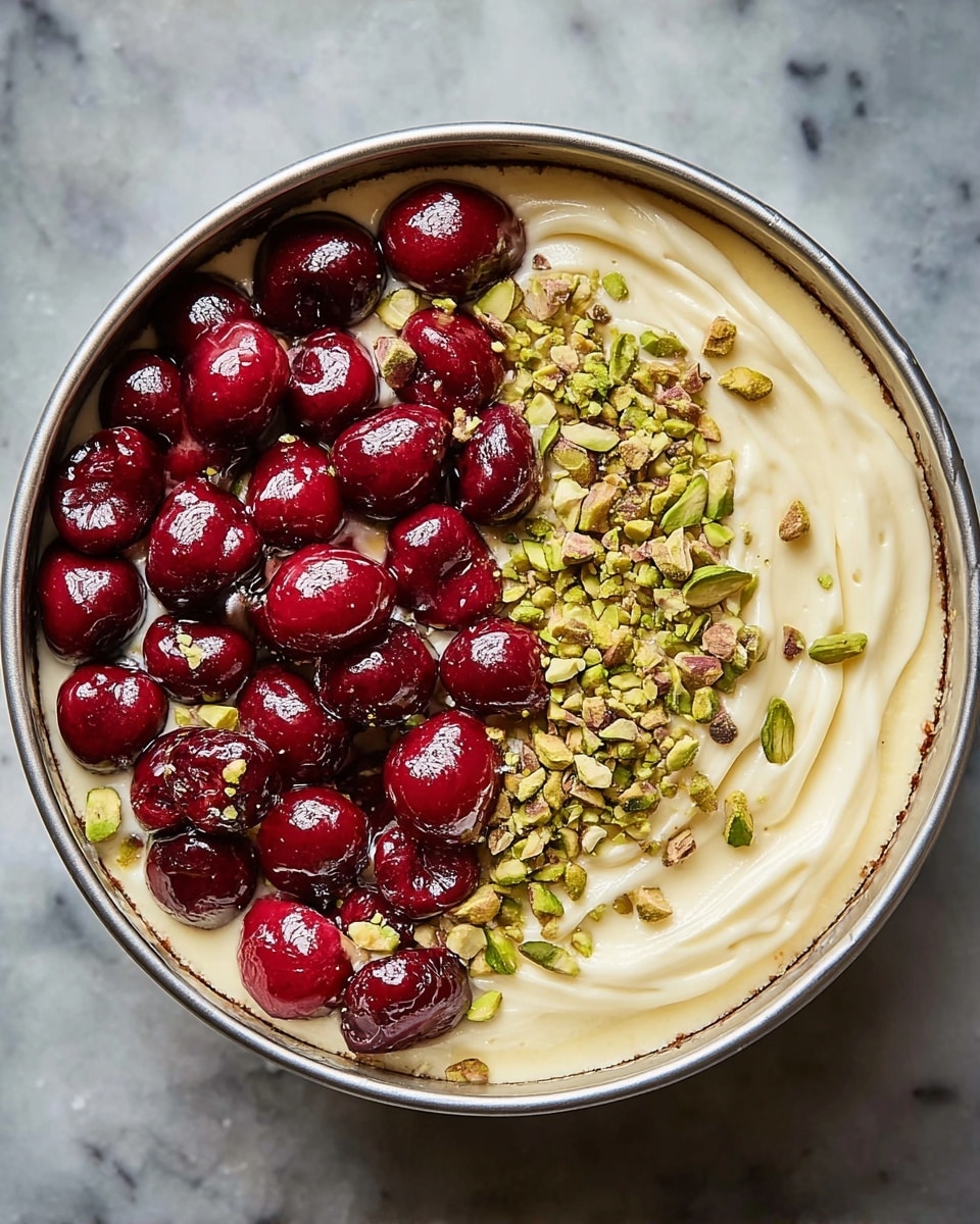 The image shows a slice of creamy white cheesecake with visible green pistachios inside. The cheesecake has three clear layers: a crumbly brown base, a thick smooth white cream cheese middle, and a top covered with swirls of whipped cream, whole bright red cherries with stems, green pistachios, and brown crumbs sprinkled over it. The slice is placed on a white plate sitting on a white marbled surface, with a silver spoon next to it. Photo taken with an iphone --ar 4:5 --v 7