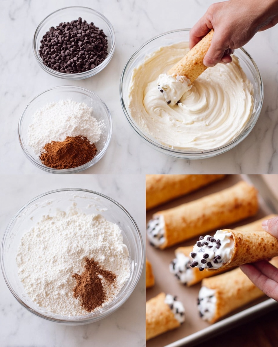 The image shows five crispy golden-brown rolled cannoli shells sprinkled with powdered sugar and filled with thick, white creamy filling. The filling is piped in a swirled fashion, spilling slightly at both ends of each shell. Dark chocolate chips are generously embedded throughout the creamy filling and also scattered on top of some shells, adding a contrasting texture and color. The cannoli are placed close together on a white marbled surface with a few extra chocolate chips around. photo taken with an iphone --ar 4:5 --v 7