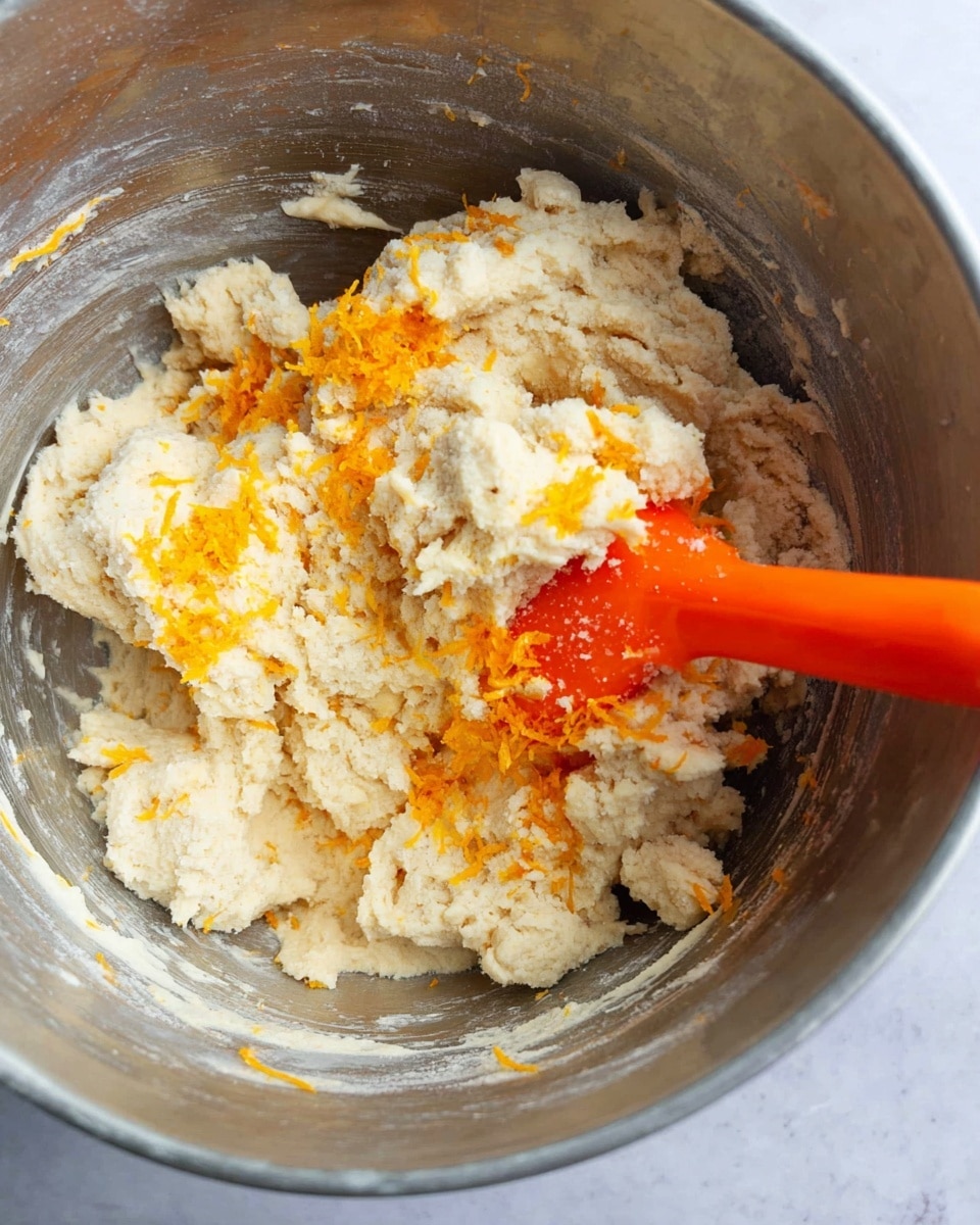 A close-up top view of a silver metal mixing bowl containing dough with a crumbly texture, pale cream in color, mixed with bright orange zest sprinkled on top. An orange silicone spatula rests inside the bowl, partially covered with dough. The background is a white marbled texture. Photo taken with an iphone --ar 4:5 --v 7