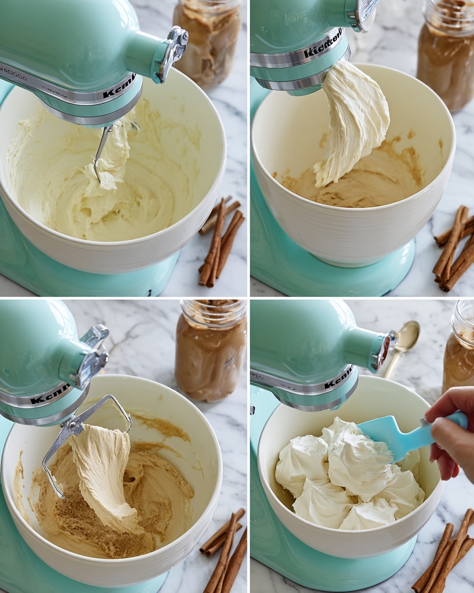 A slice of cheesecake sits on a white, scalloped-edge plate on a white marbled surface. The cheesecake has three layers: a light brown crumbly base, a thick creamy middle layer with visible chunks, and a smooth dark caramel topping spread evenly on top. The caramel layer is decorated with small round caramel balls and a light sprinkle of crumbs. Around the plate, there are small tarts with a similar dark caramel swirl on top. Photo taken with an iphone --ar 4:5 --v 7