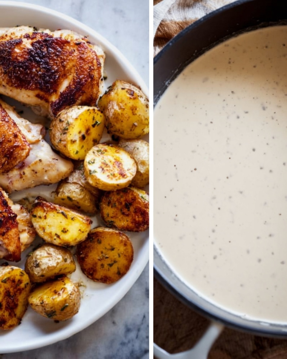 The image shows a white pan filled with creamy, light beige sauce with visible small black specks, smooth in texture. Next to it, there is a white plate with roasted chicken pieces that are golden brown with crispy skin, placed alongside small roasted potato halves that are golden with a slightly browned, crispy surface, seasoned with herbs. The food is set on a white marbled surface. photo taken with an iphone --ar 4:5 --v 7